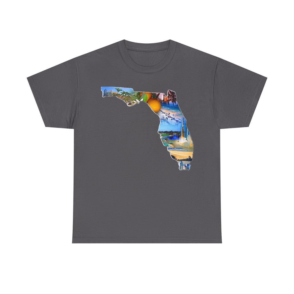 Florida State Shape T-Shirt — Scenic Beach & Sunset Map Tee