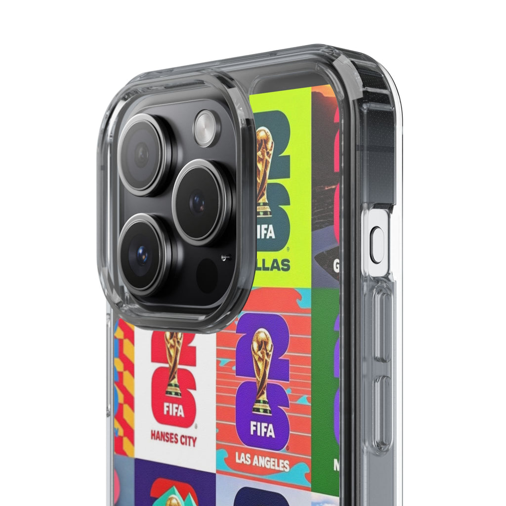 FIFA World Cup Pop Art Clear Phone Case — City Badge Collage (Dallas, LA, Monterrey, Toronto, Seattle)