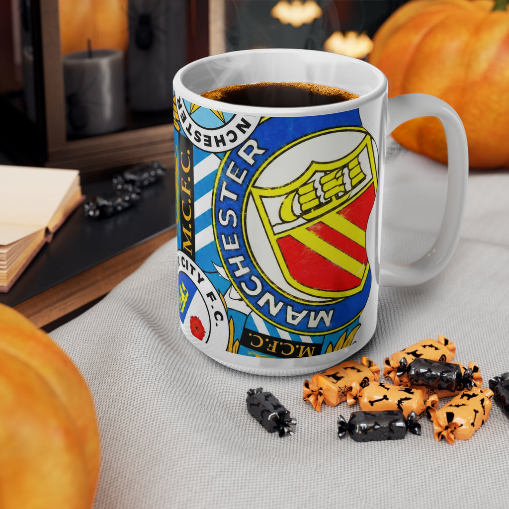 Manchester City Crest Collage Mug — Ceramic Coffee Cup (11oz & 15oz)