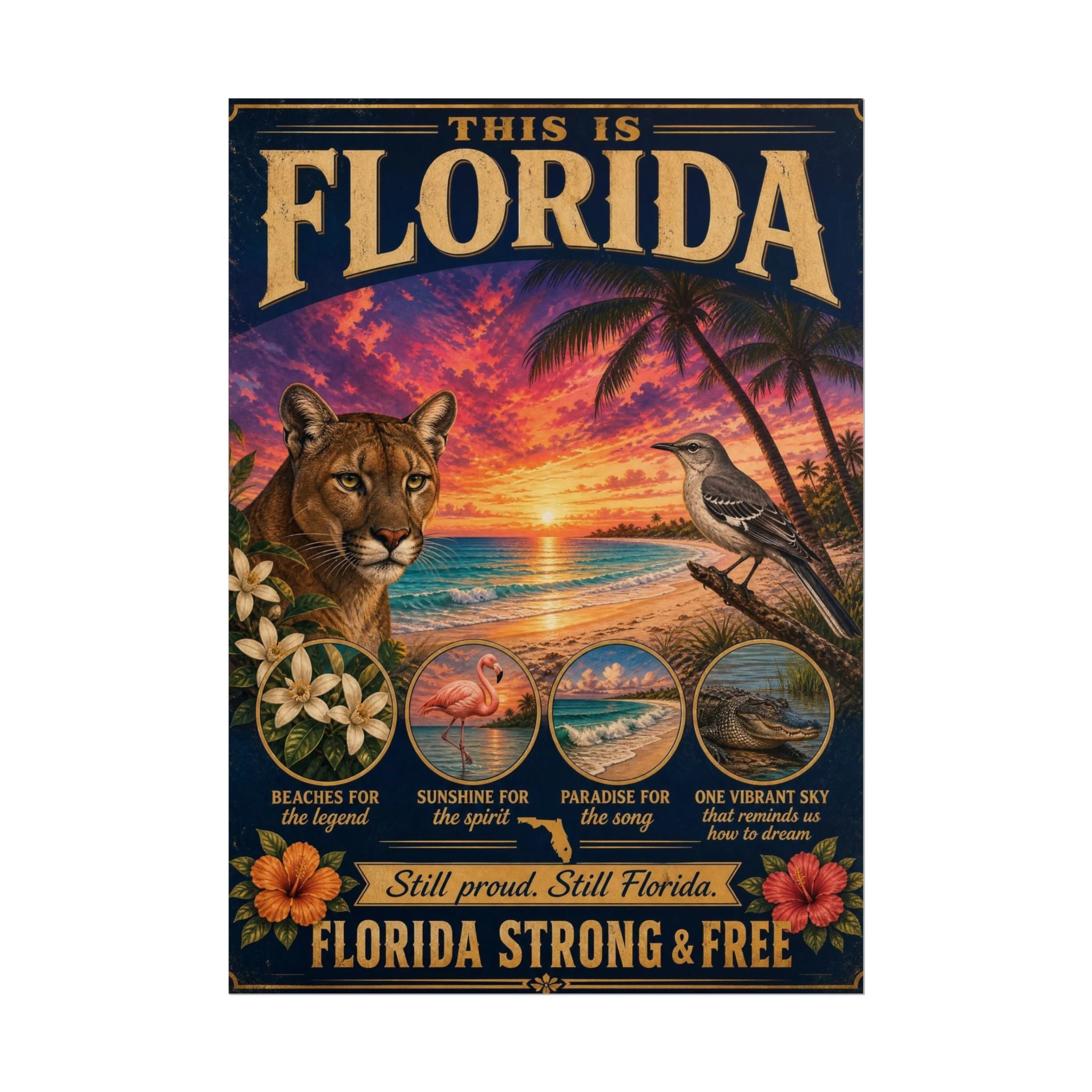 Florida Tropical Wildlife Sunset Poster — Cougar, Flamingo & Beach Scenic Rolled Print