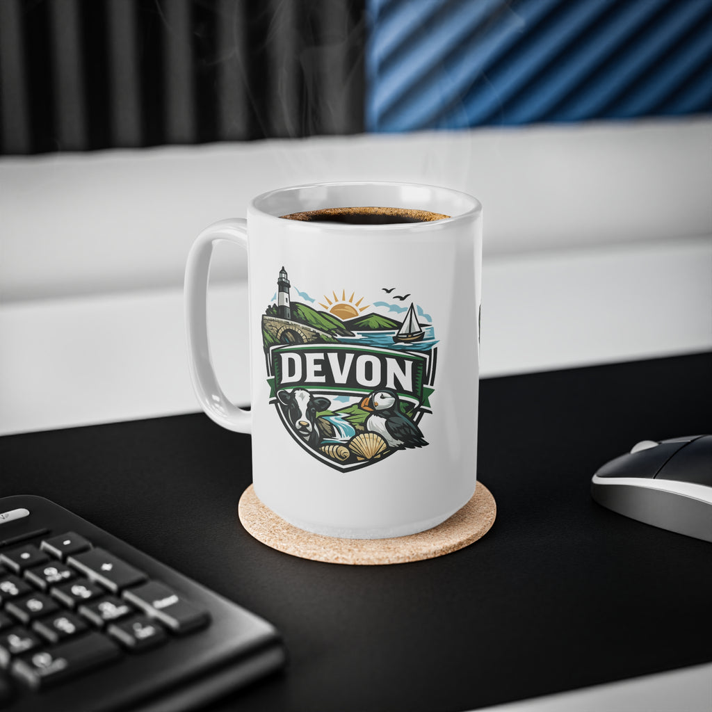 Devon Scenic Mug — Coastal Lighthouse, Puffin & Cow Ceramic Coffee Cup (11oz & 15oz)