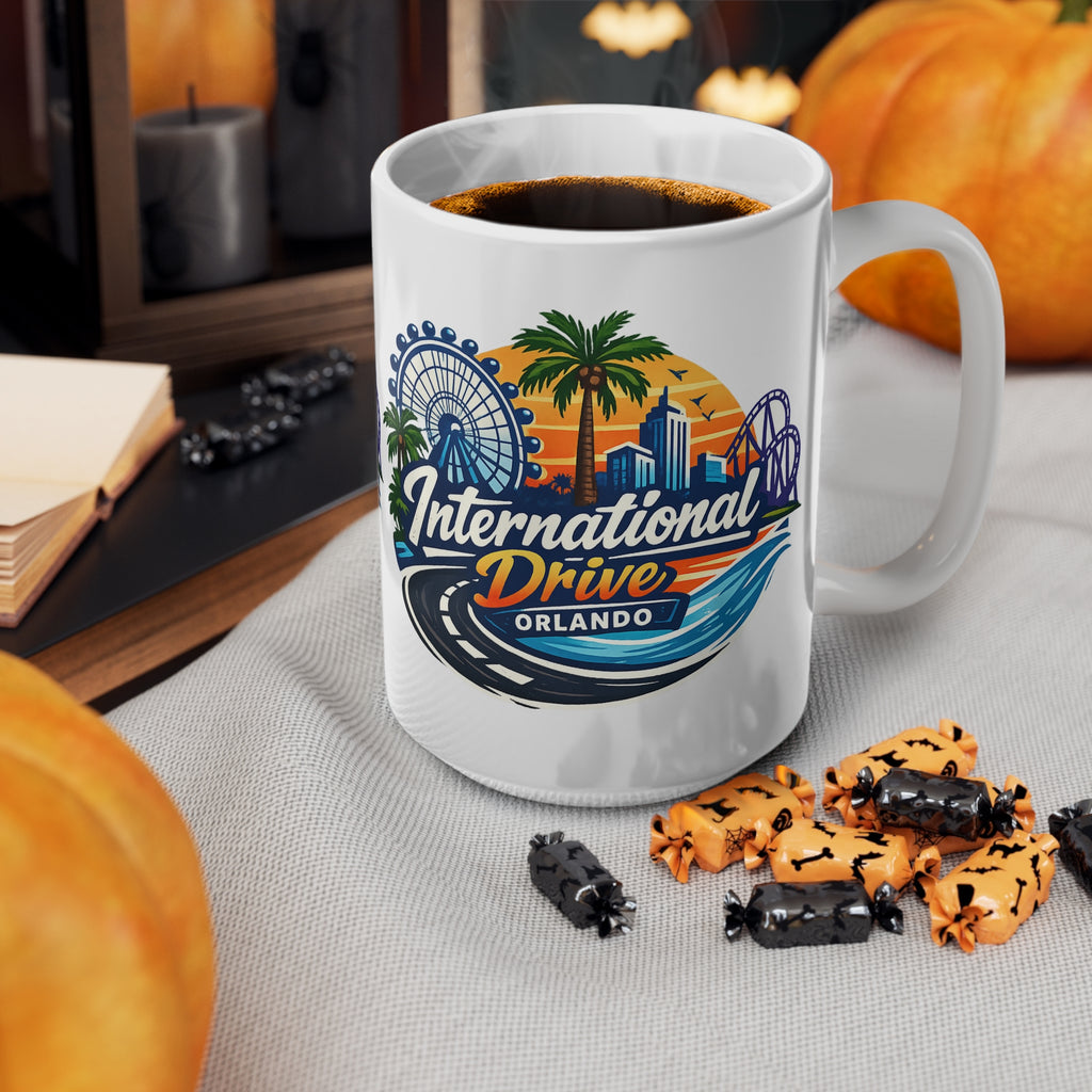 Orlando International Drive Souvenir Mug — 11oz/15oz Ceramic Coffee Cup with Ferris Wheel & Sunset Design