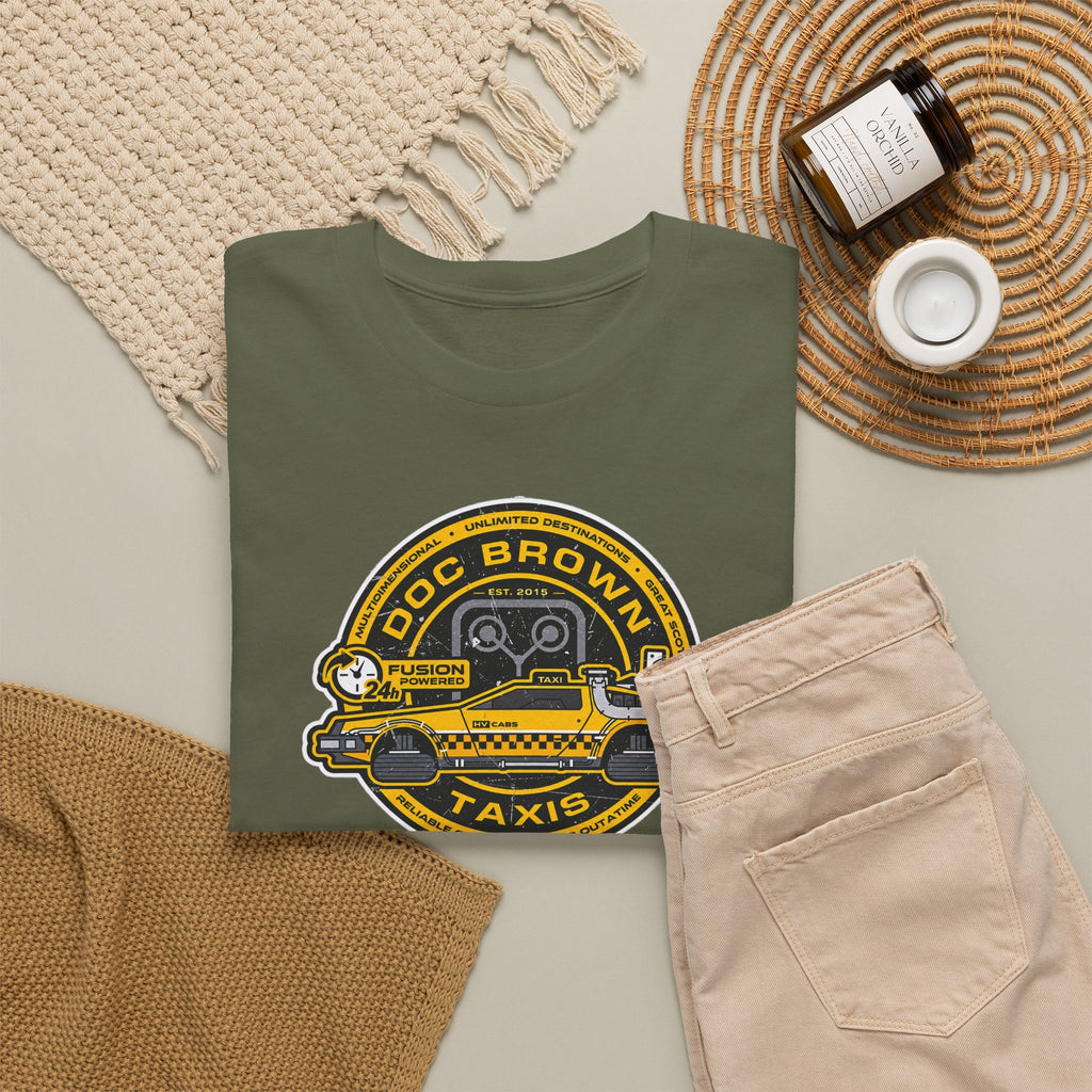 Vintage Taxi Badge T-Shirt — 'Doc Brown Taxis' Retro Cab Logo Tee