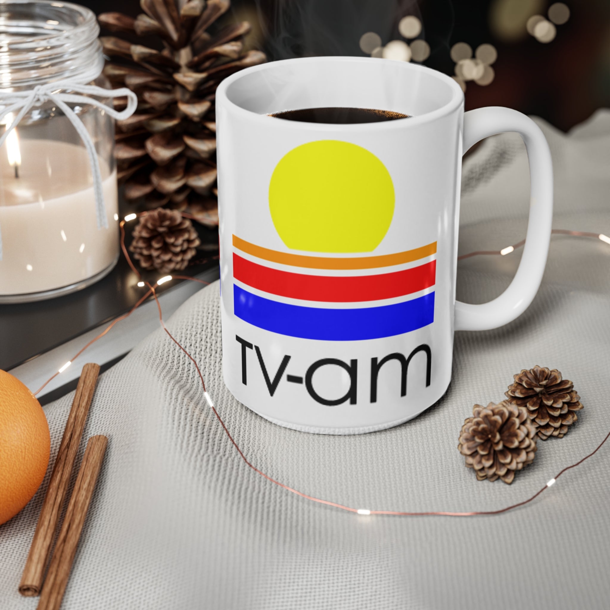 Retro Sunrise TV-AM Ceramic Mug — Vintage 80s Striped Logo Coffee Cup (11oz, 15oz)