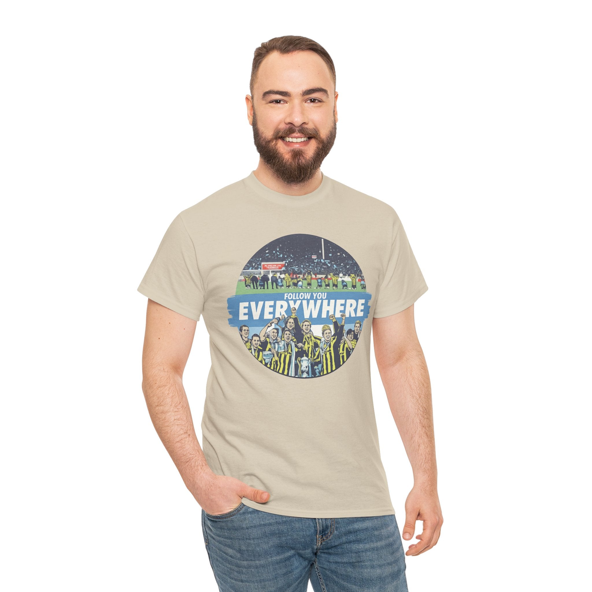 Manchester City Everywhere Soccer Crowd Graphic Tee — 'Follow You Everywhere' Fan Shirt