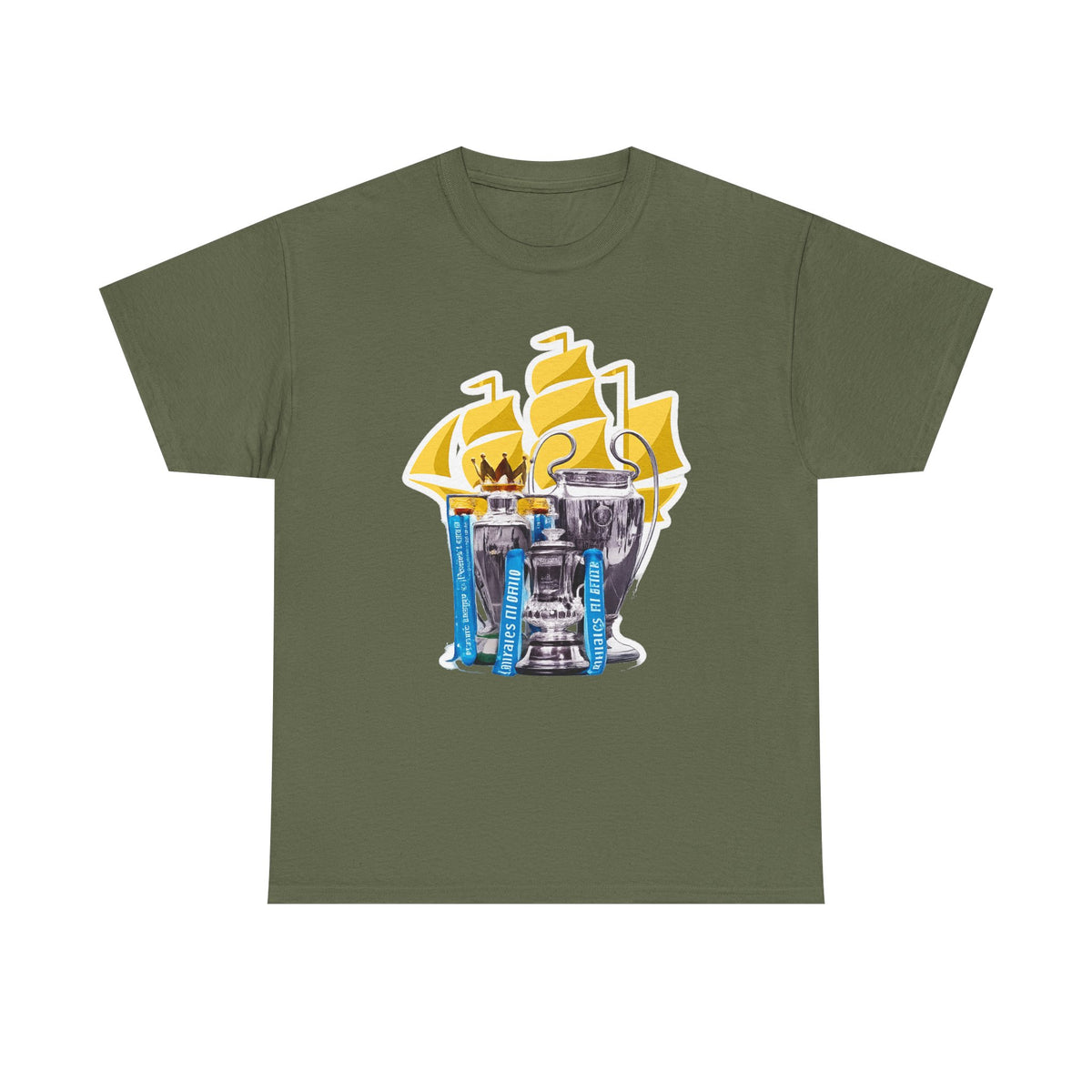 Manchester City Champions Trophy Tee – Golden Cups & Blue Scarves Football Fan Shirt