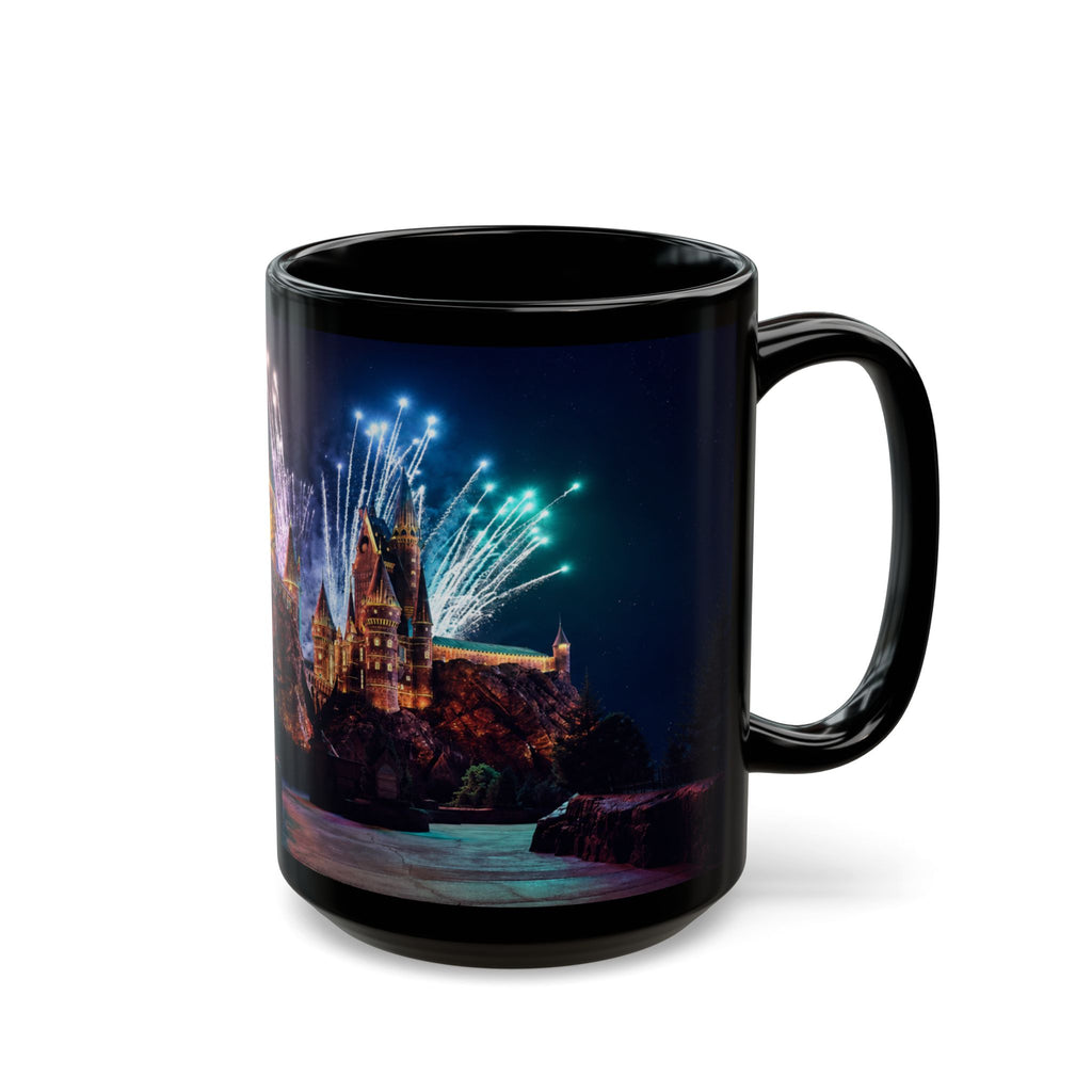 Hogwarts Castle Fireworks Night Black Mug — Castle Nightscape Coffee Cup (11oz/15oz)
