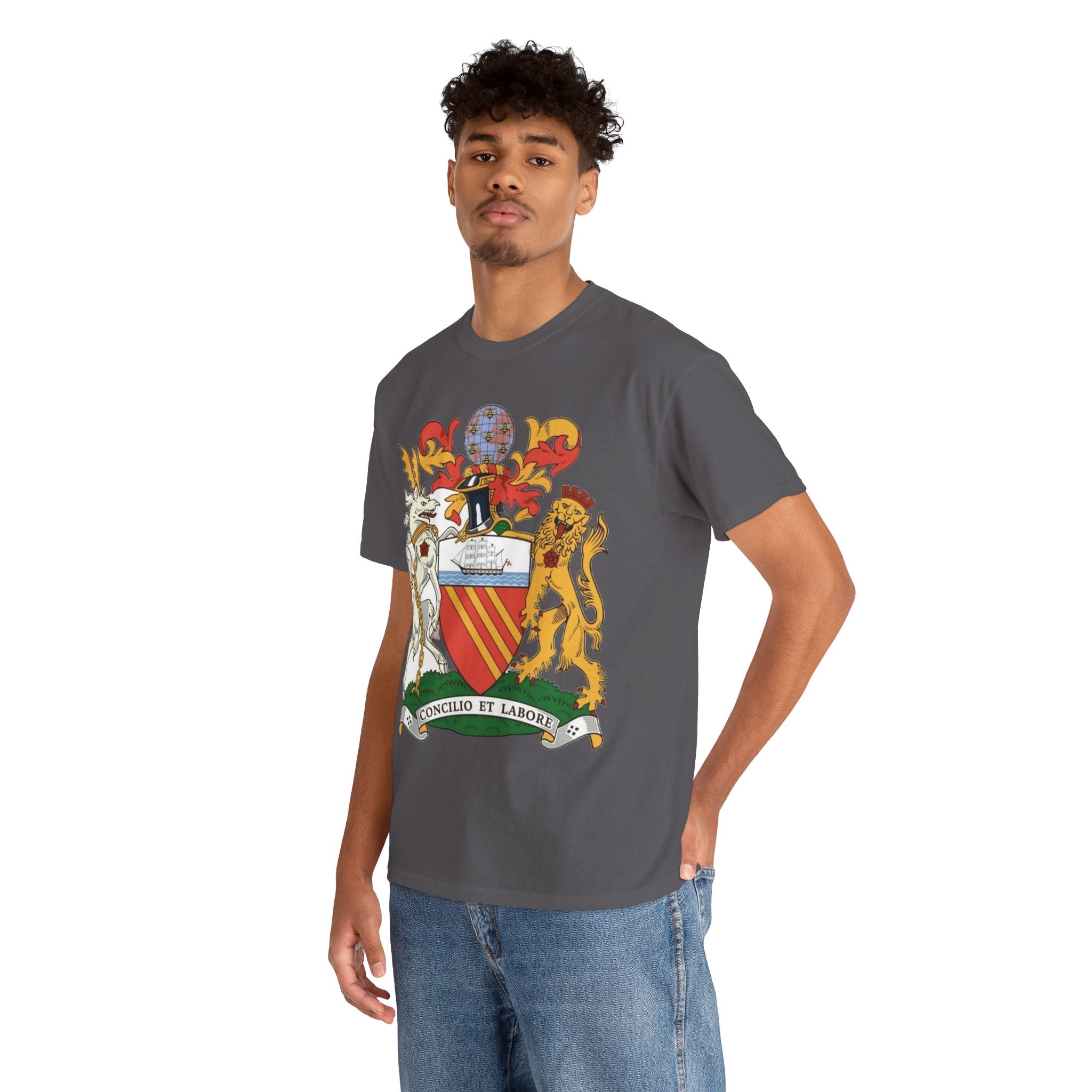 Manchester Coat of Arms Crest T‑Shirt — Heraldic Family Shield Tee with 'Concilio et Labore' Banner
