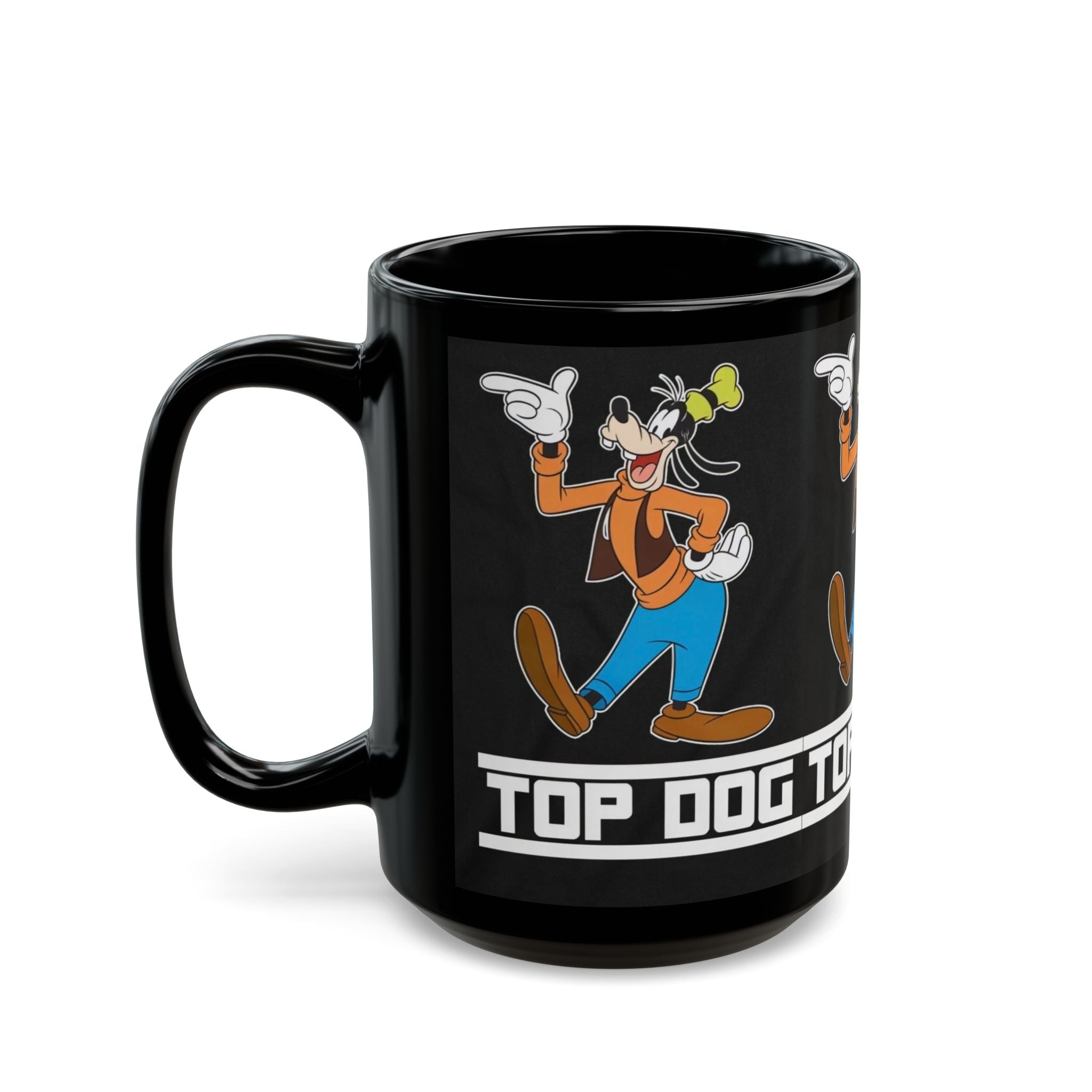 Top Dog Goofy Black Ceramic Mug — Retro Cartoon Character Coffee Cup (11oz & 15oz)