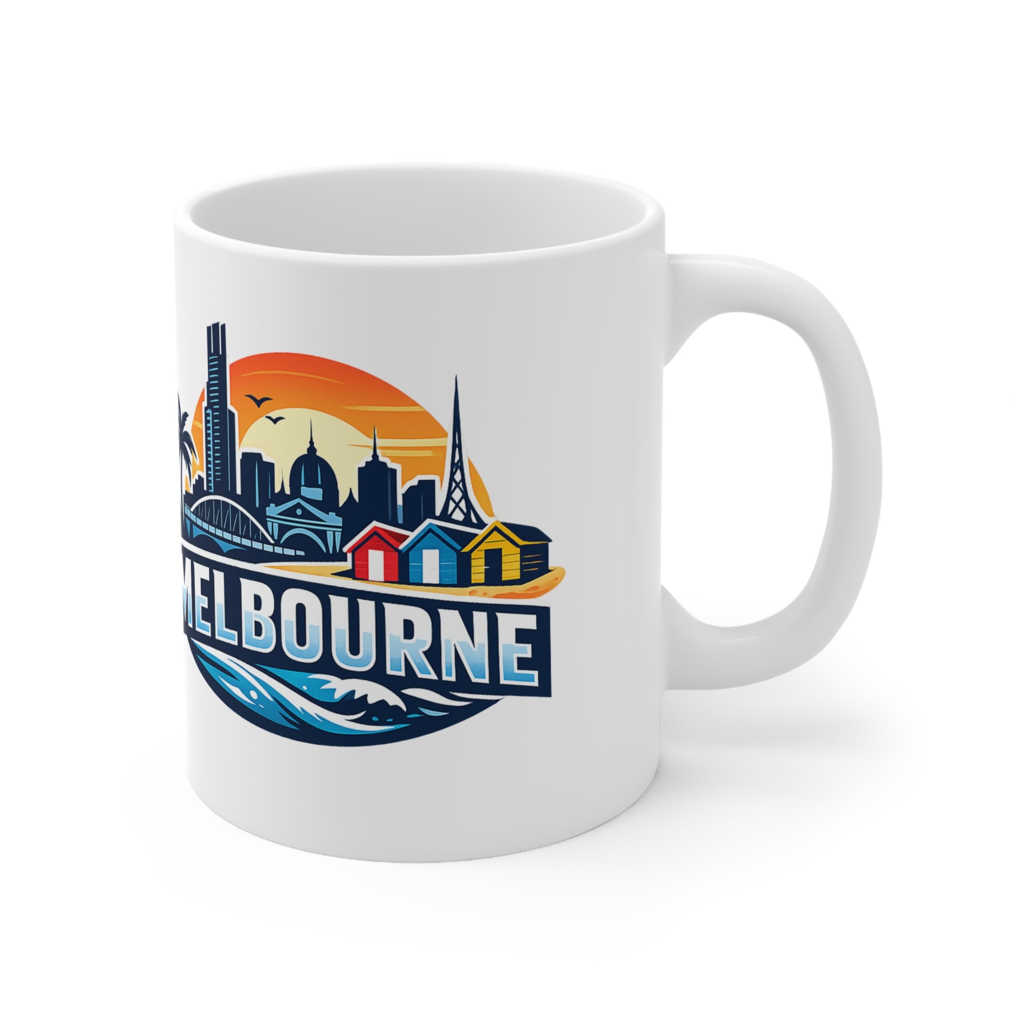 Melbourne Skyline Ceramic Coffee Mug — Retro Beach Cityscape 11oz/15oz
