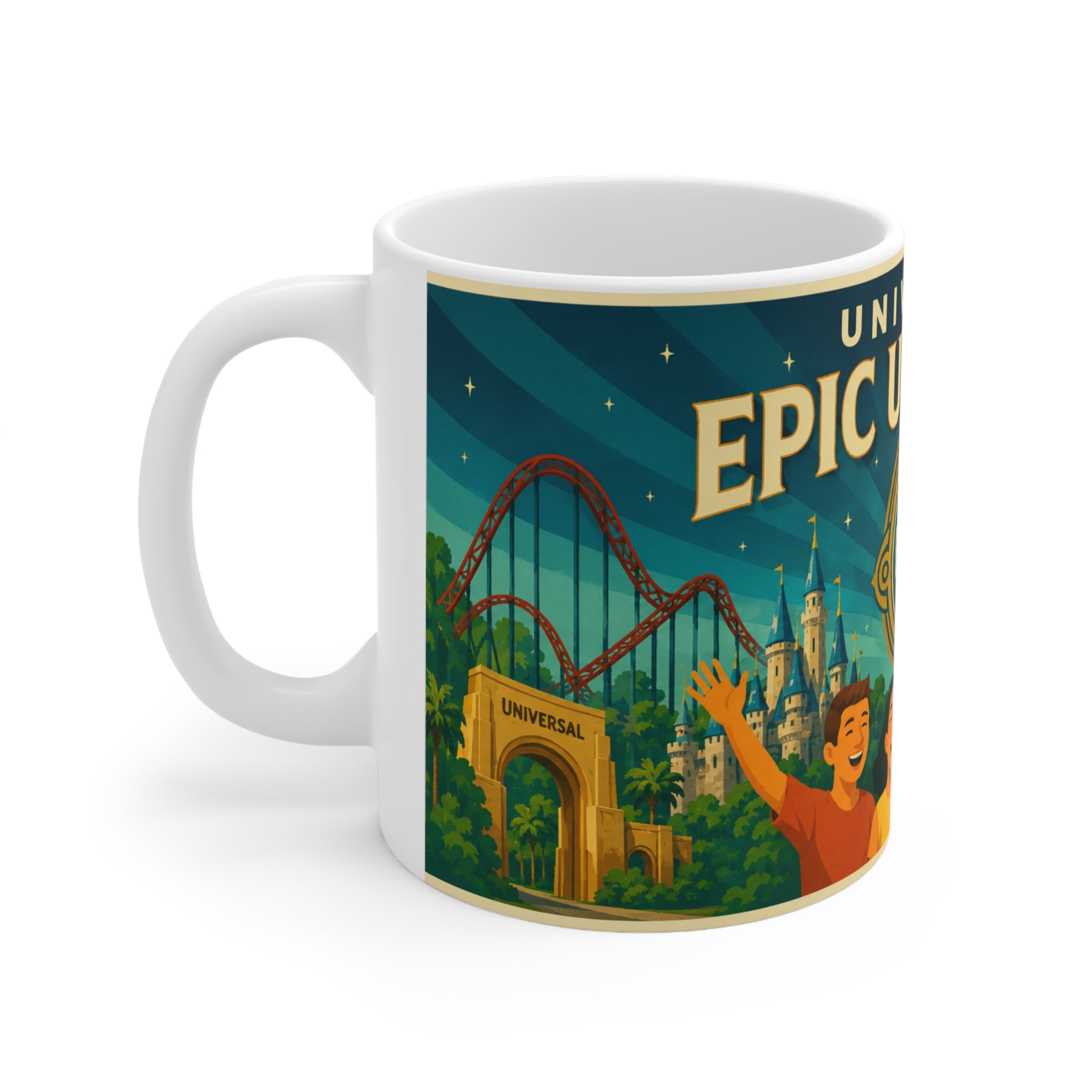 Epic Universal Theme Park Coffee Mug — Vintage Roller Coaster & Castle Design (11oz/15oz)