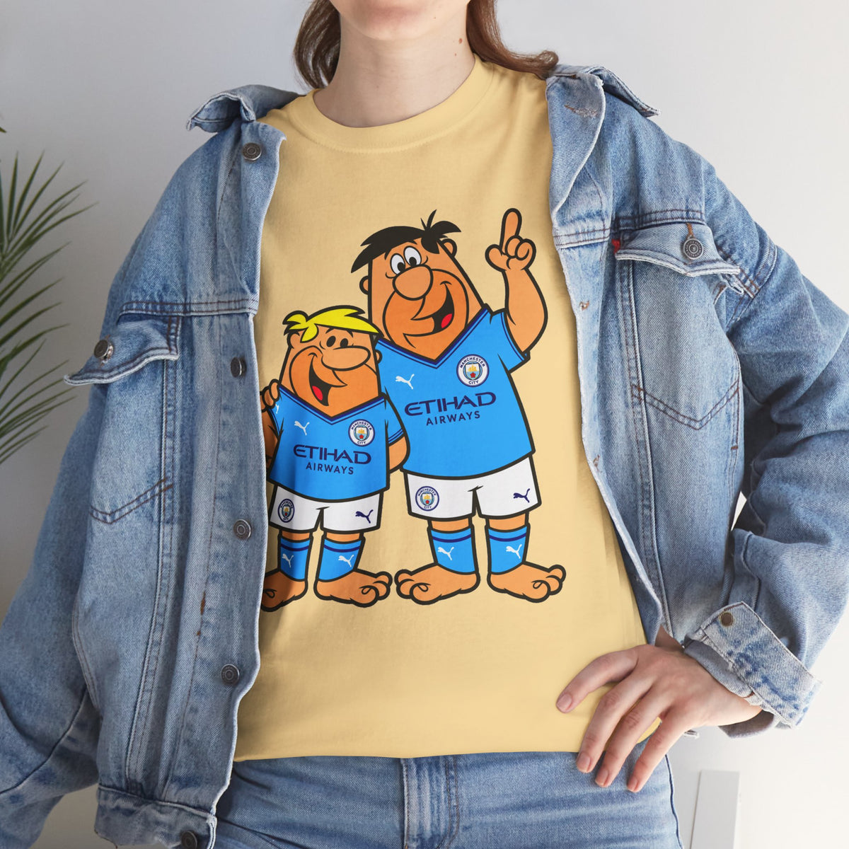 Manchester City The Flintstones Etihad Airways Cartoon Cotton T-Shirt