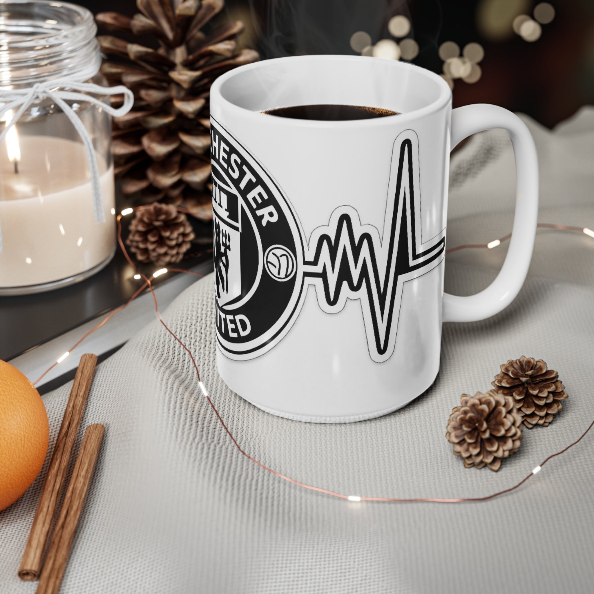 Manchester United Inspired Heartbeat Mug — Ceramic Coffee Cup (11oz & 15oz)