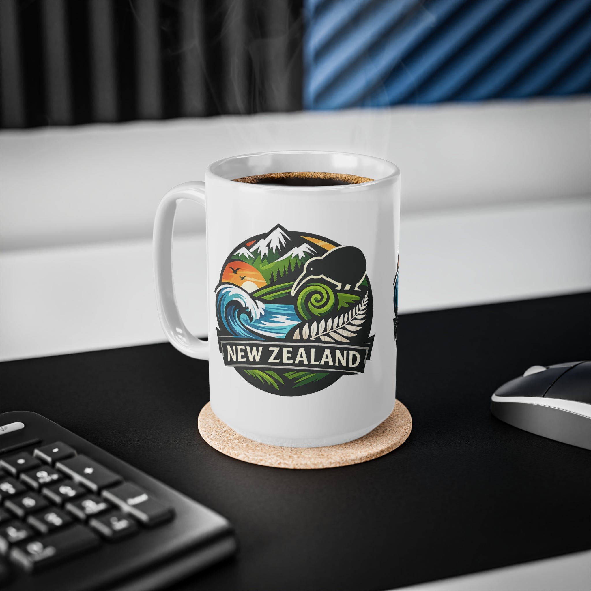 New Zealand Scenic Badge Ceramic Mug — Kiwi, Fern & Ocean Coffee Cup (11oz/15oz)