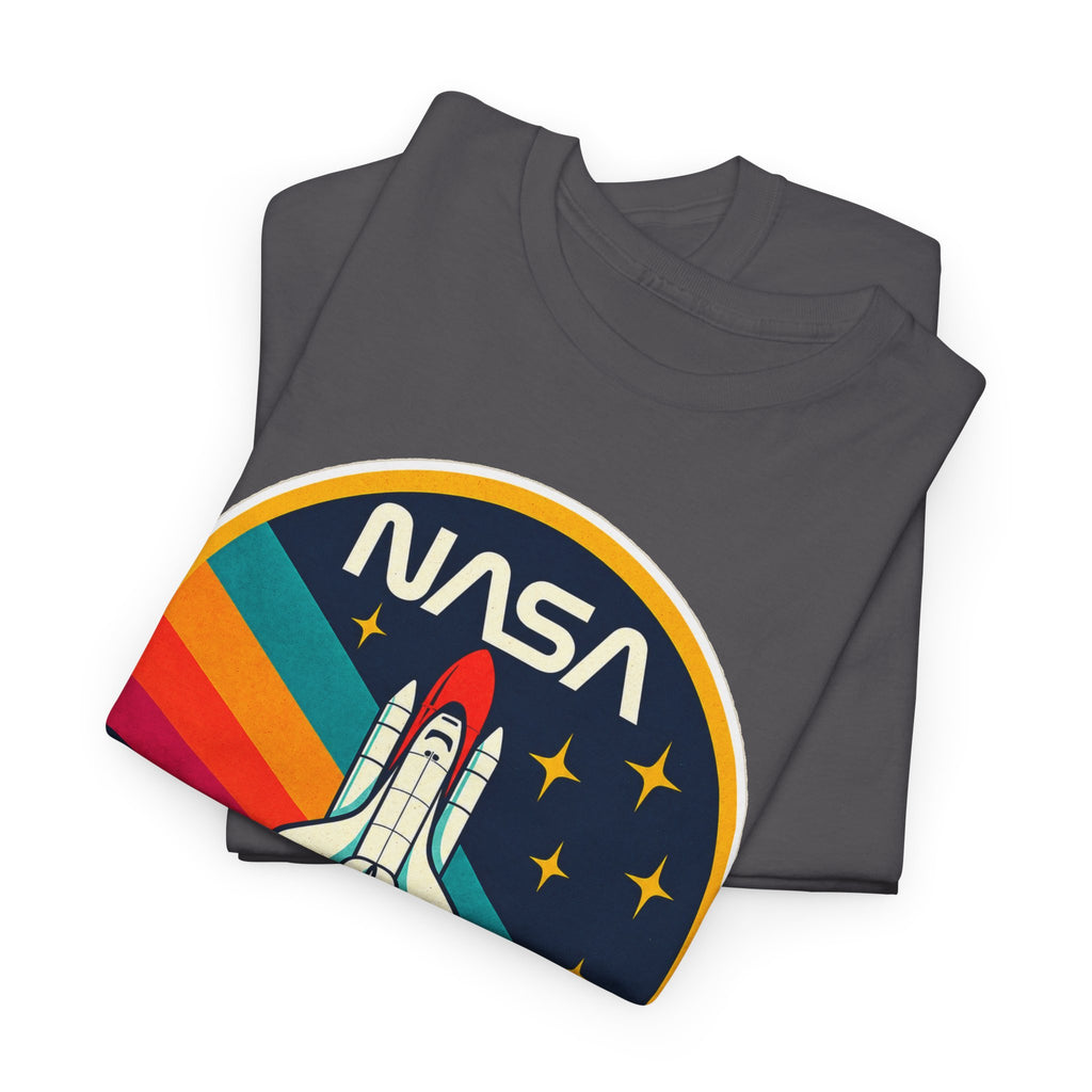 NASA Retro Rocket T‑Shirt — Vintage Space Shuttle Tee with Rainbow Trail
