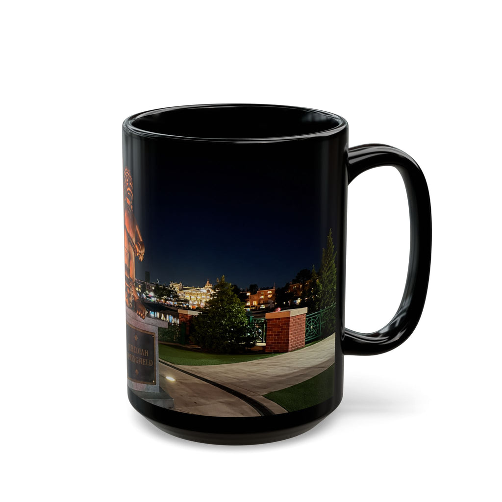 The Simpsons Photo Mug — University Statue & Campus Lights (Black 11oz/15oz)