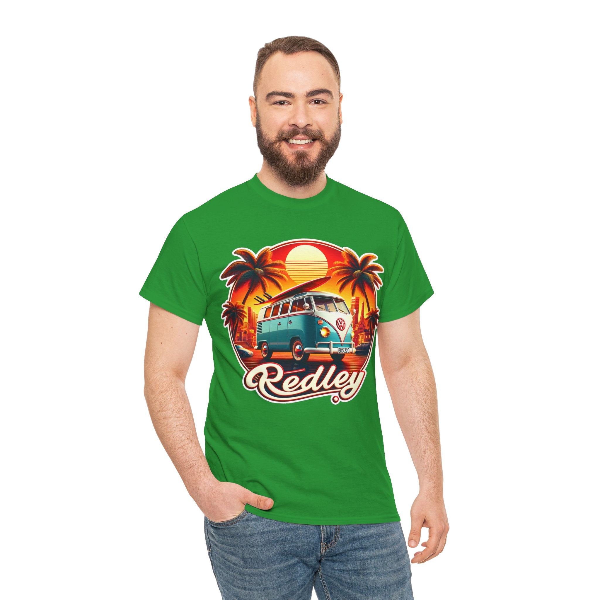 Vintage Surf Van T-Shirt – Retro Beach Sunset Tee with 'Redley' Script