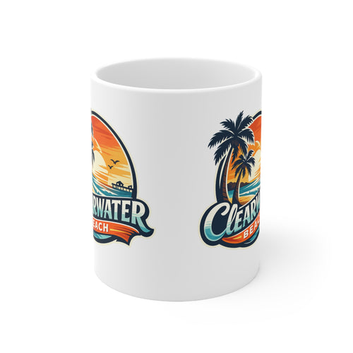 Clearwater Beach Sunset Ceramic Mug — Retro Palm Tree Coffee Cup (11oz & 15oz)