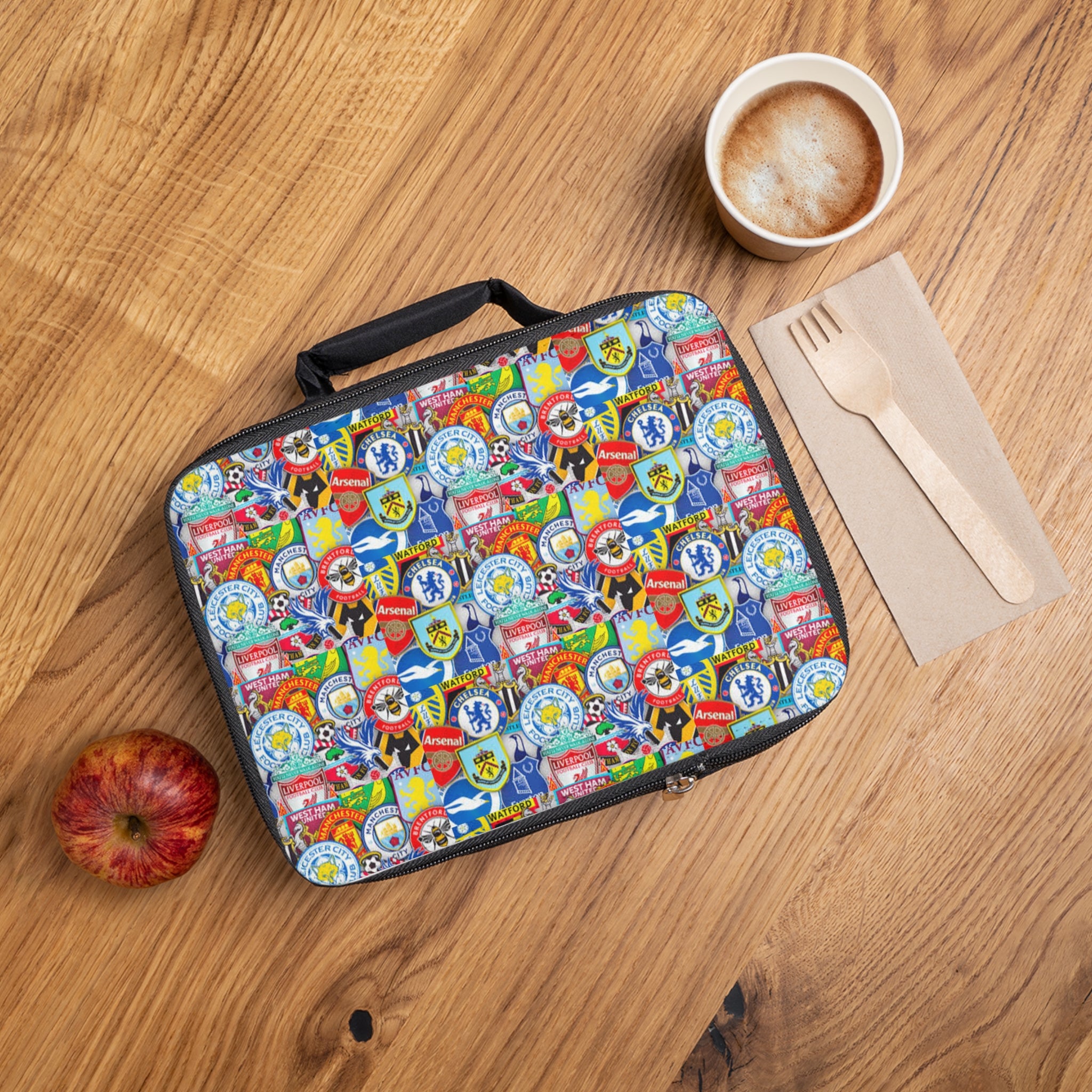Football Crests Lunch Bag — Colorful Football Club Badge Pattern Insulated Kids Lunchbox