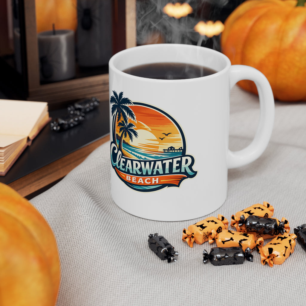 Clearwater Beach Sunset Ceramic Mug — Retro Palm Tree Coffee Cup (11oz & 15oz)