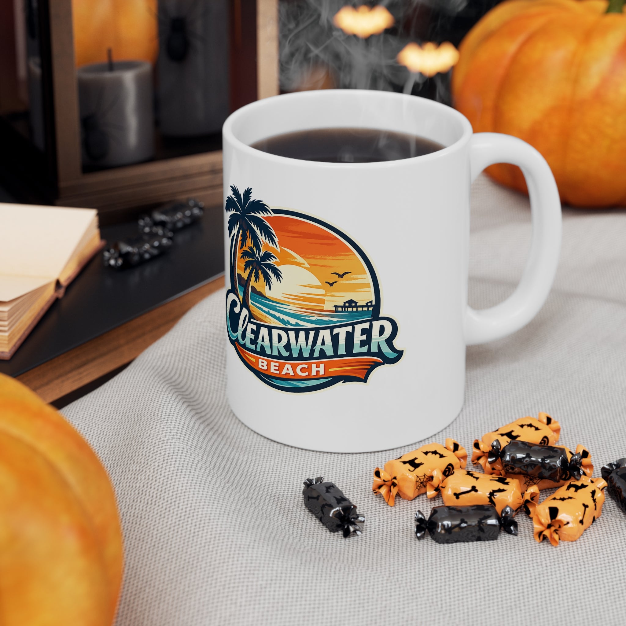 Clearwater Beach Sunset Ceramic Mug — Retro Palm Tree Coffee Cup (11oz & 15oz)