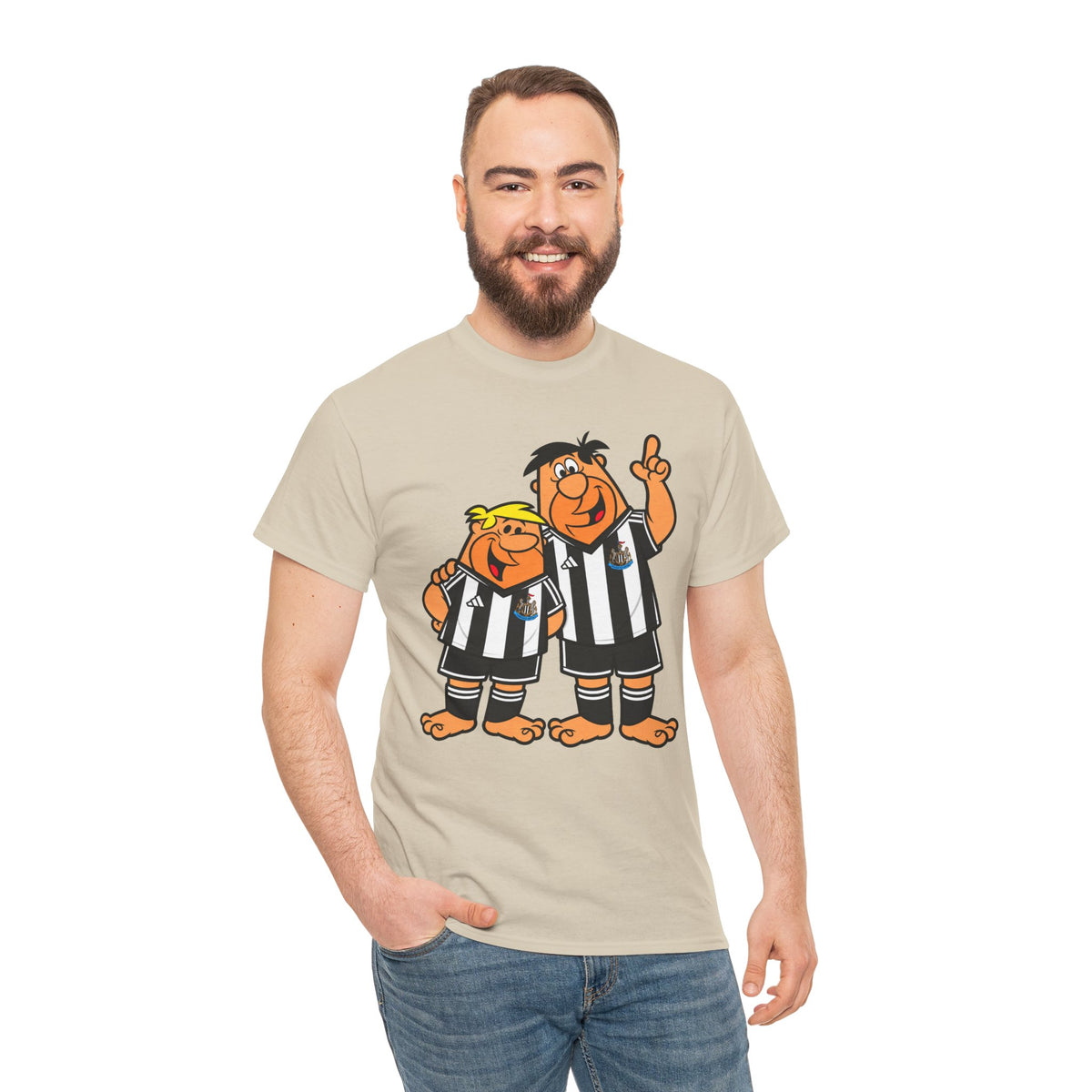 Newcastle United Flintstones Cartoon Cotton T-Shirt / Tee — Retro Striped Jersey Illustrations