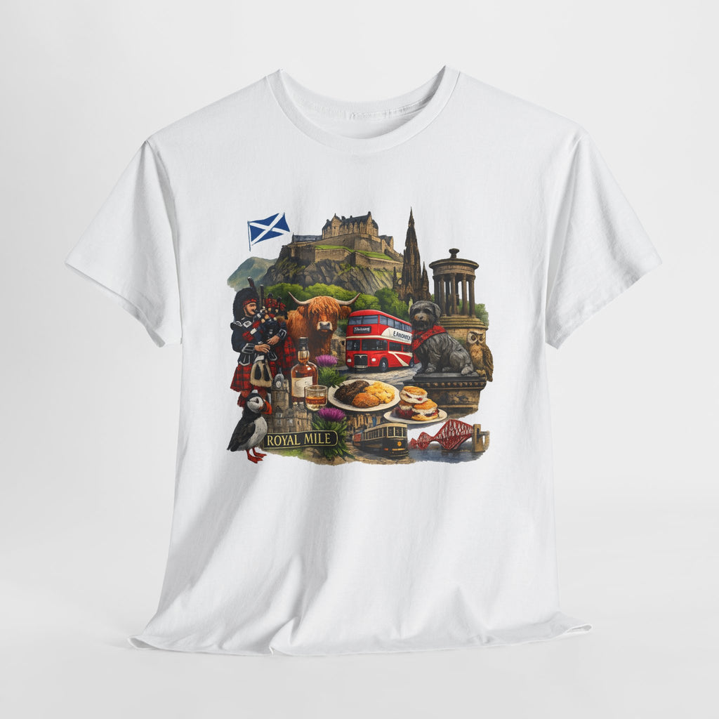 Scotland / Edinburgh Travel Collage T-Shirt — Edinburgh Castle, Bagpipes & Local Icons
