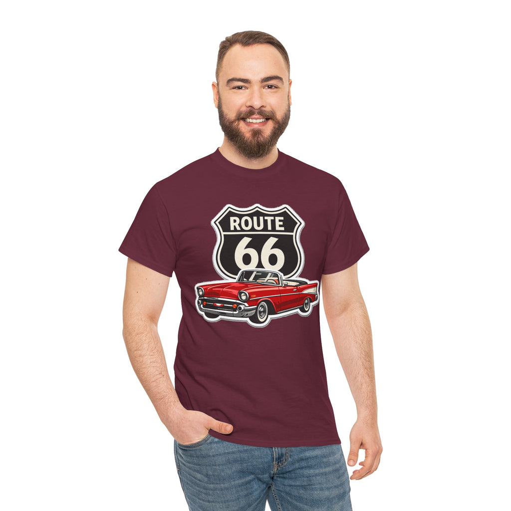 Route 66 Classic Car T‑Shirt — Retro Red Convertible Road Trip Tee