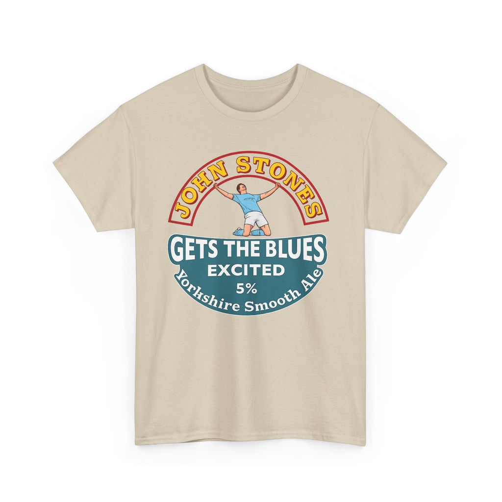 John Stones T-Shirt — "Gets The Blues Excited" Retro Ale Parody Tee