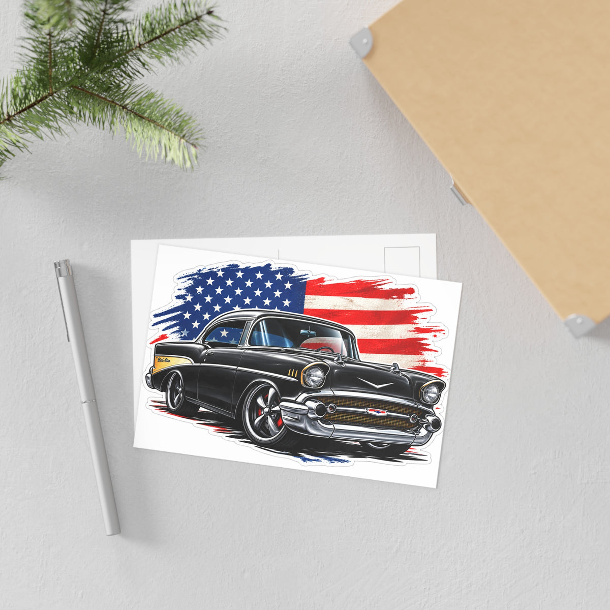 Vintage Black Chevy Postcard — Classic Car with American Flag Fine Art Postcard