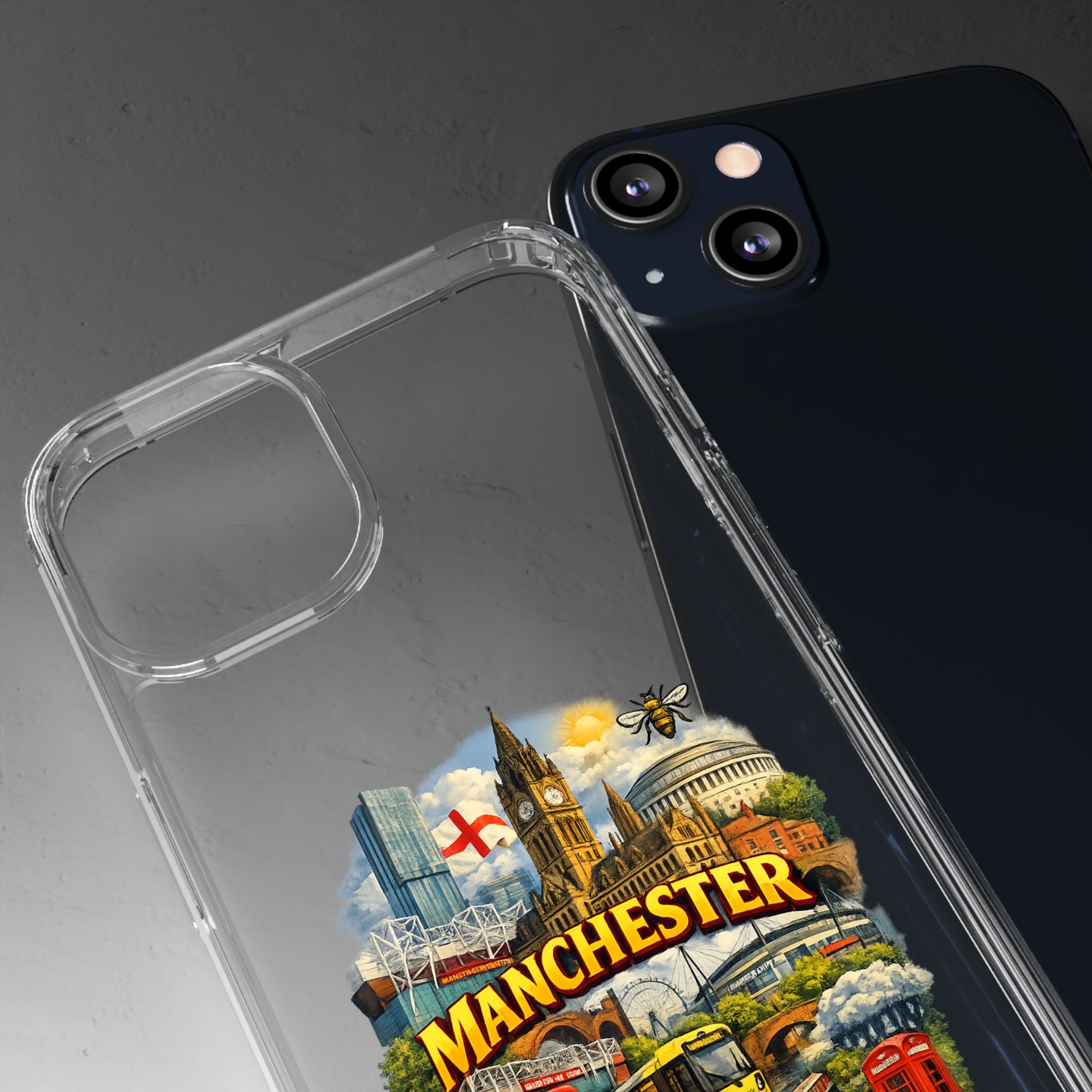 Manchester Landmark Clear Phone Case — Cityscape Collage Design