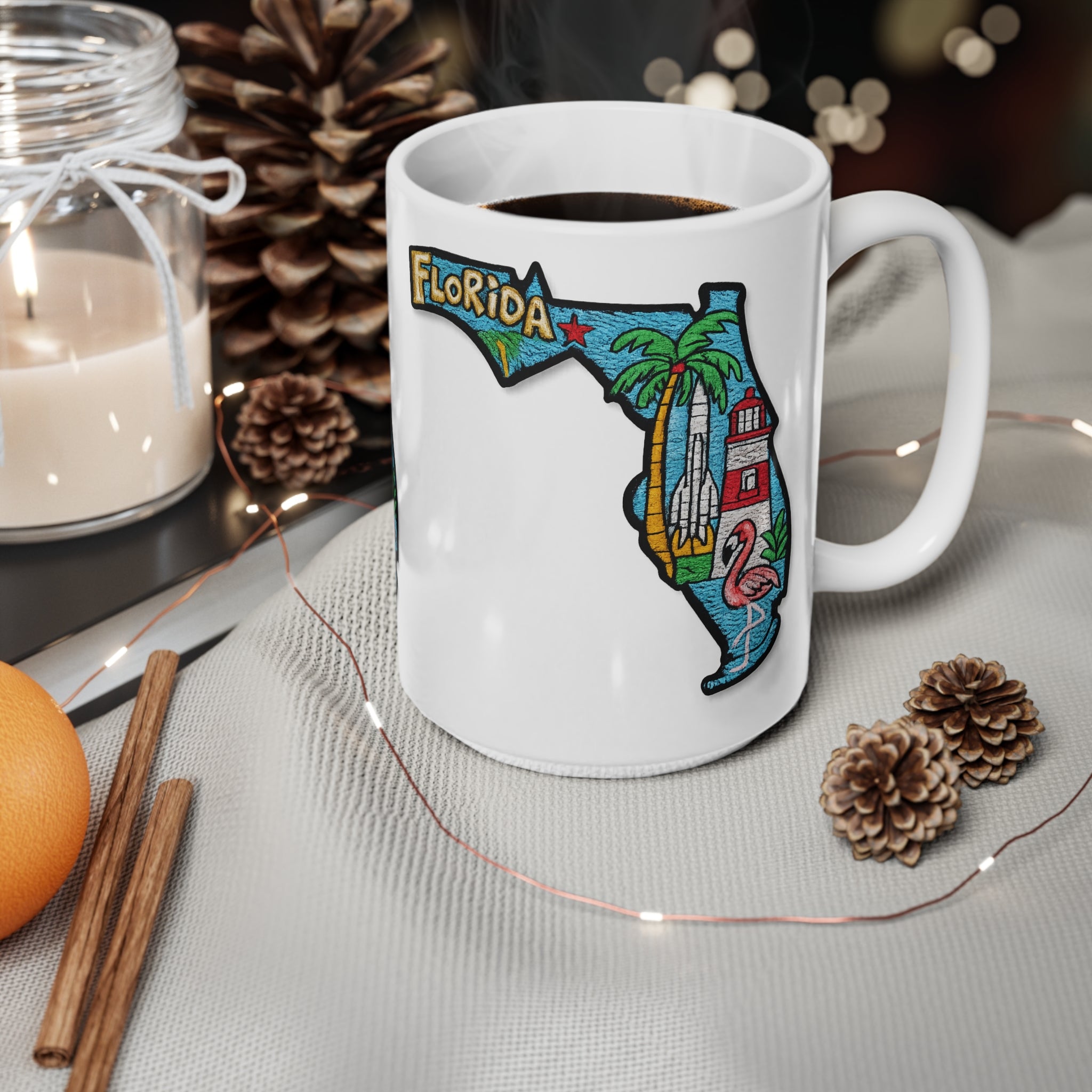 Florida State Map Coffee Mug – Retro Palm Trees, Lighthouse & Flamingo 11oz/15oz