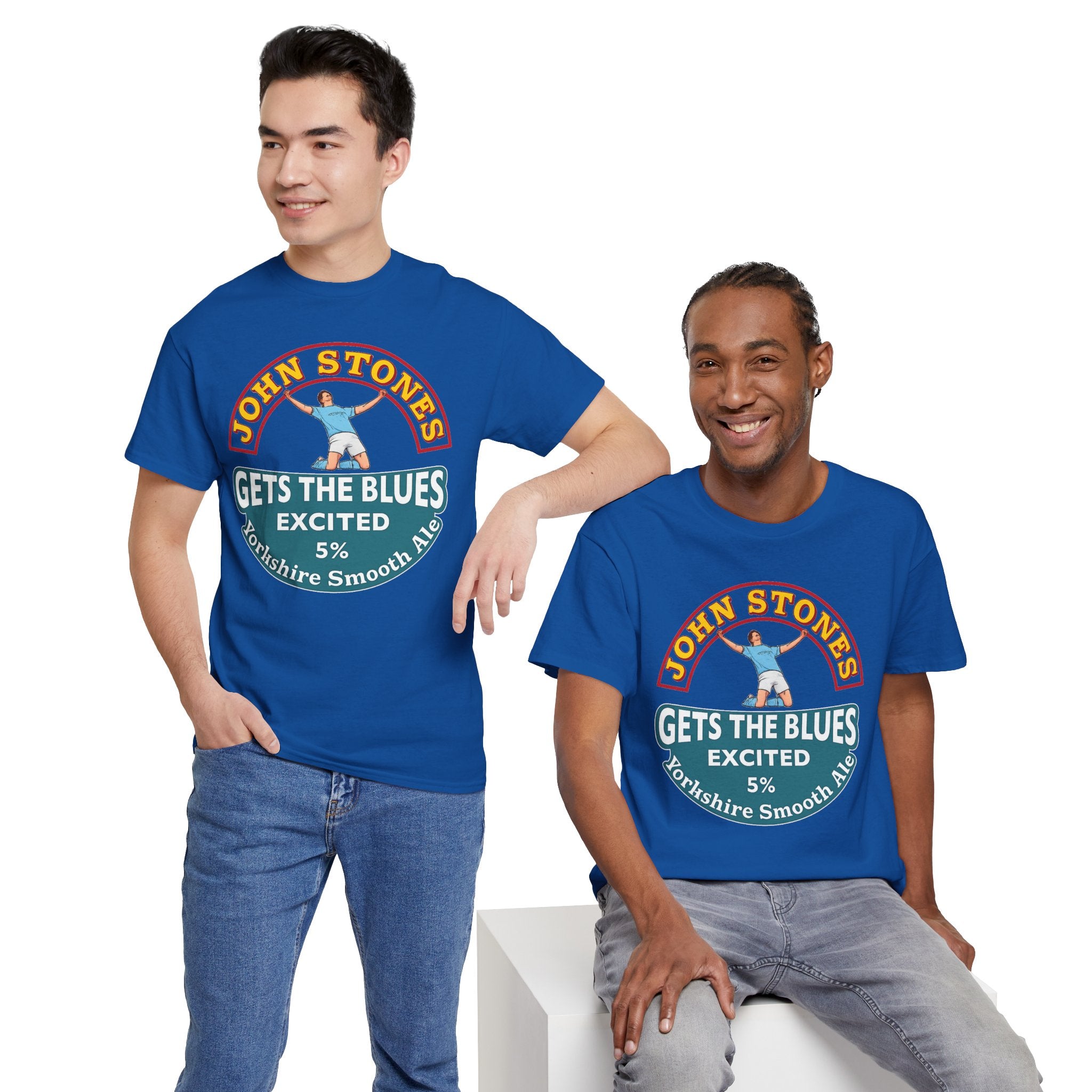 John Stones T-Shirt — "Gets The Blues Excited" Retro Ale Parody Tee