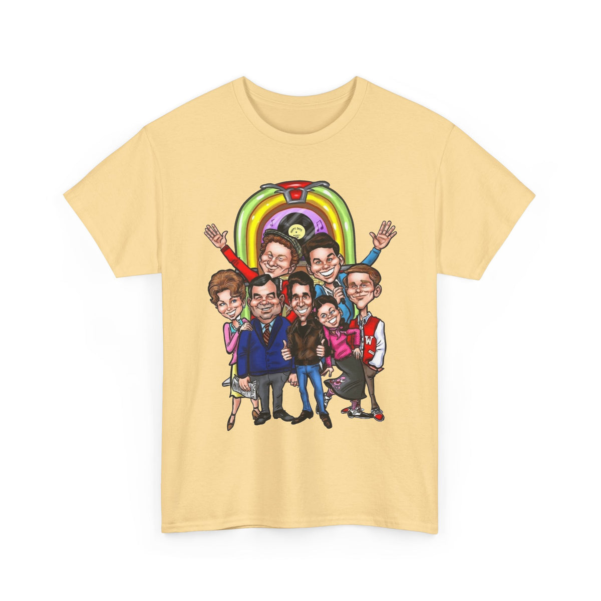 Happy Days Cast Caricature Tee — Retro 70s Sitcom Graphic T-Shirt