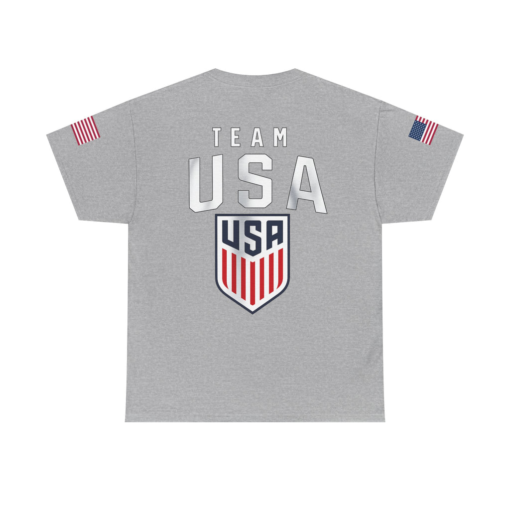 Team USA Flag T‑Shirt — Patriotic Navy Tee with Back Shield Logo