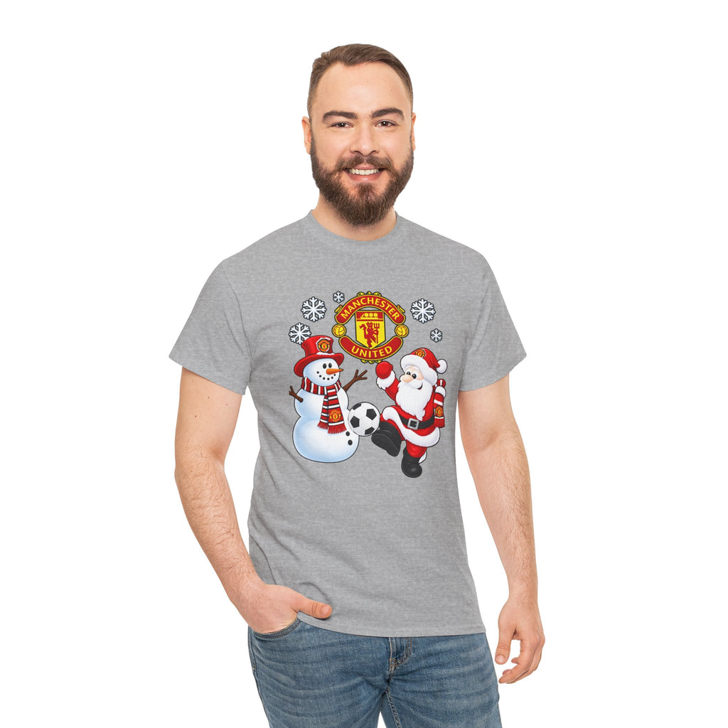 Manchester United Christmas Cotton Tee — Santa & Snowman Football Holiday Shirt