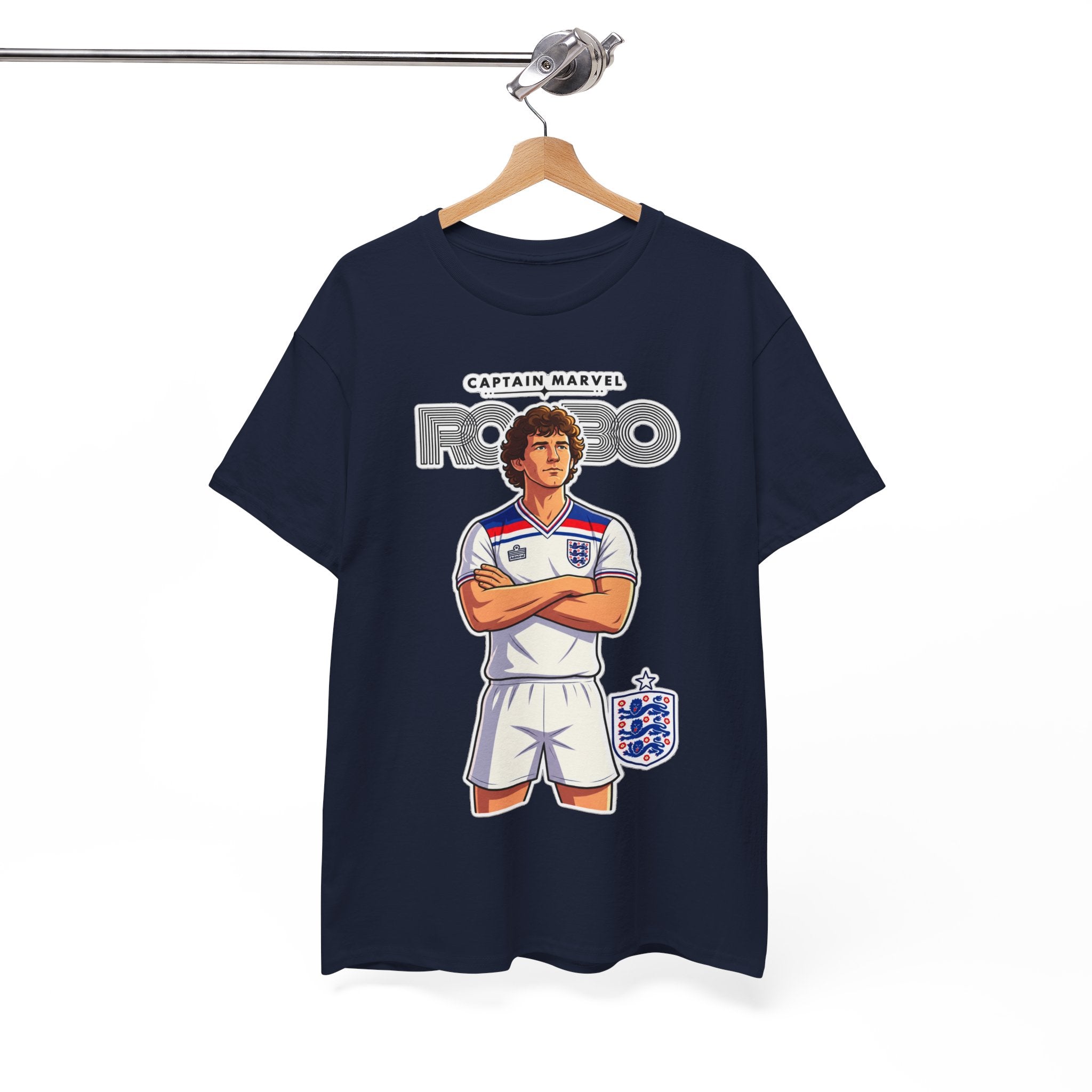 Bryan Robson Retro England Football Cotton T-Shirt / Tee — "Captain Marvel" Soccer Player Graphic
