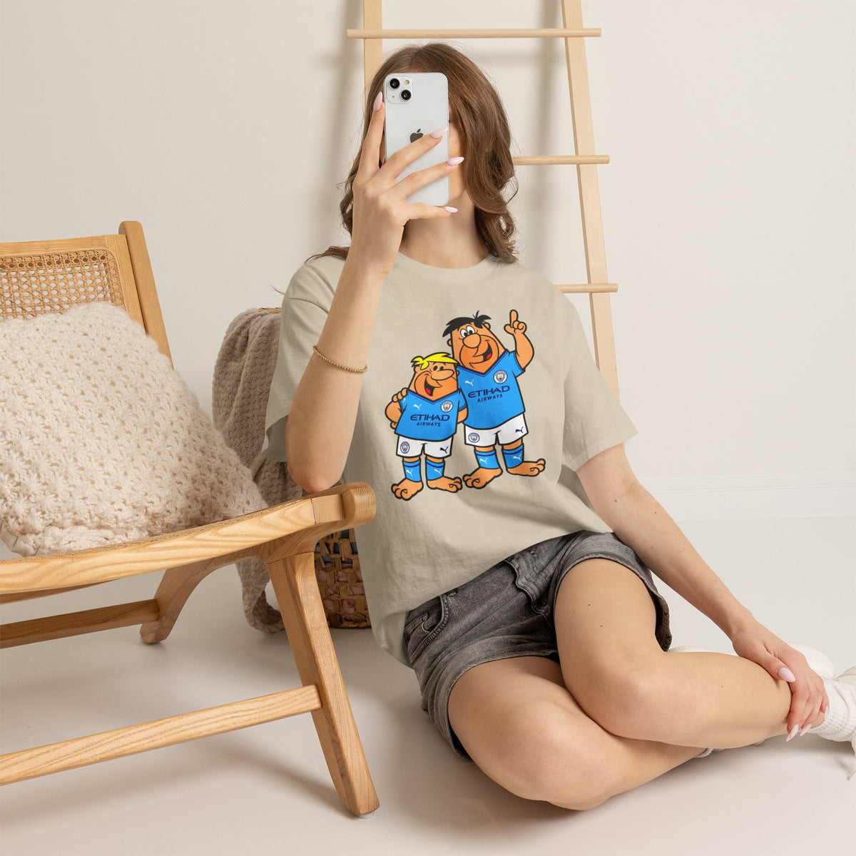 Manchester City The Flintstones Etihad Airways Cartoon Cotton T-Shirt