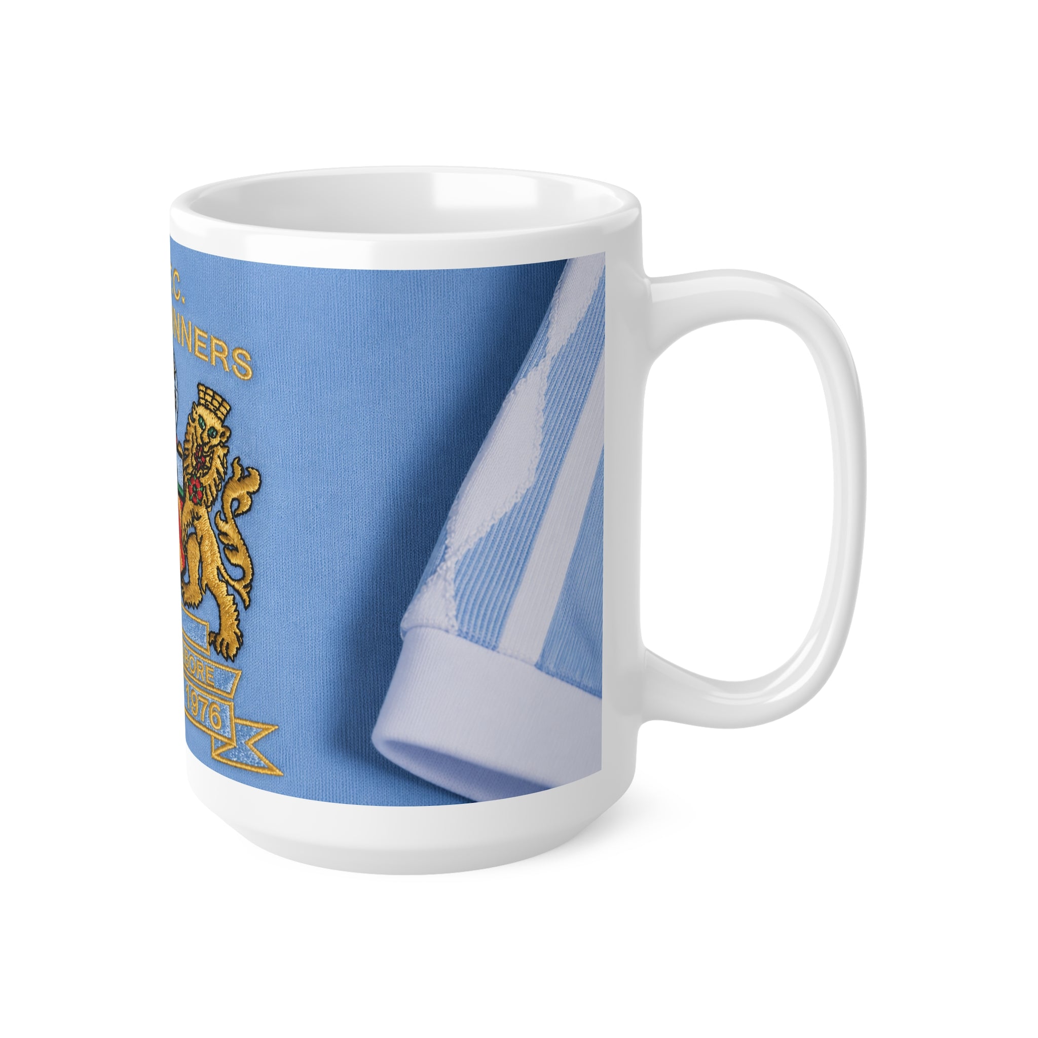 Manchester City Football Club Crest Mug — 'M.C.F.C. F.L. Cup Winners 1976' Ceramic Coffee Cup (11oz, 15oz)