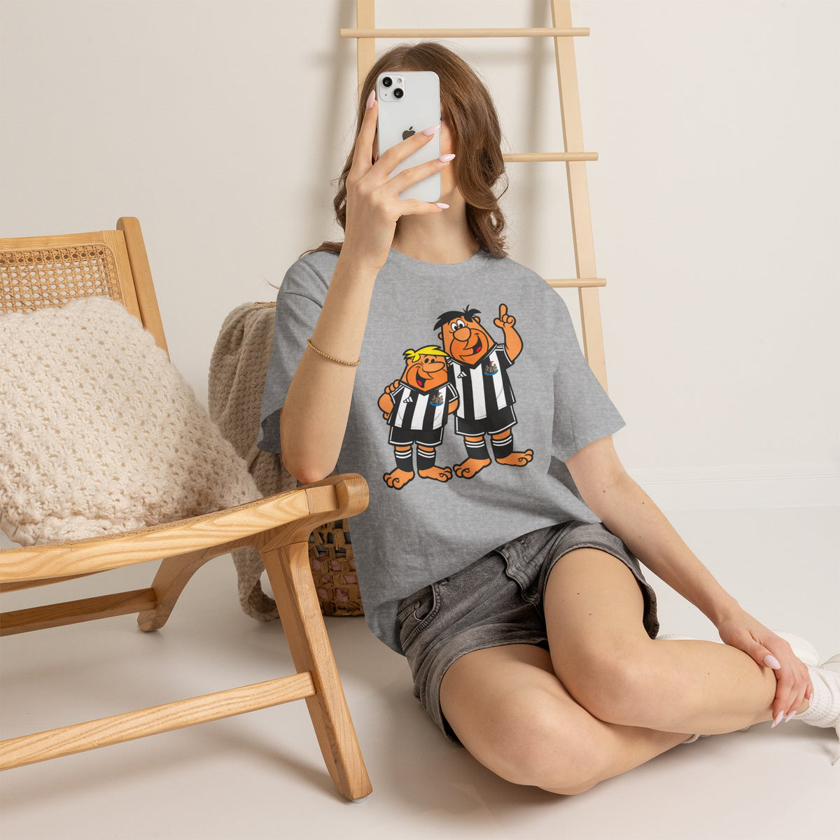 Newcastle United Flintstones Cartoon Cotton T-Shirt / Tee — Retro Striped Jersey Illustrations
