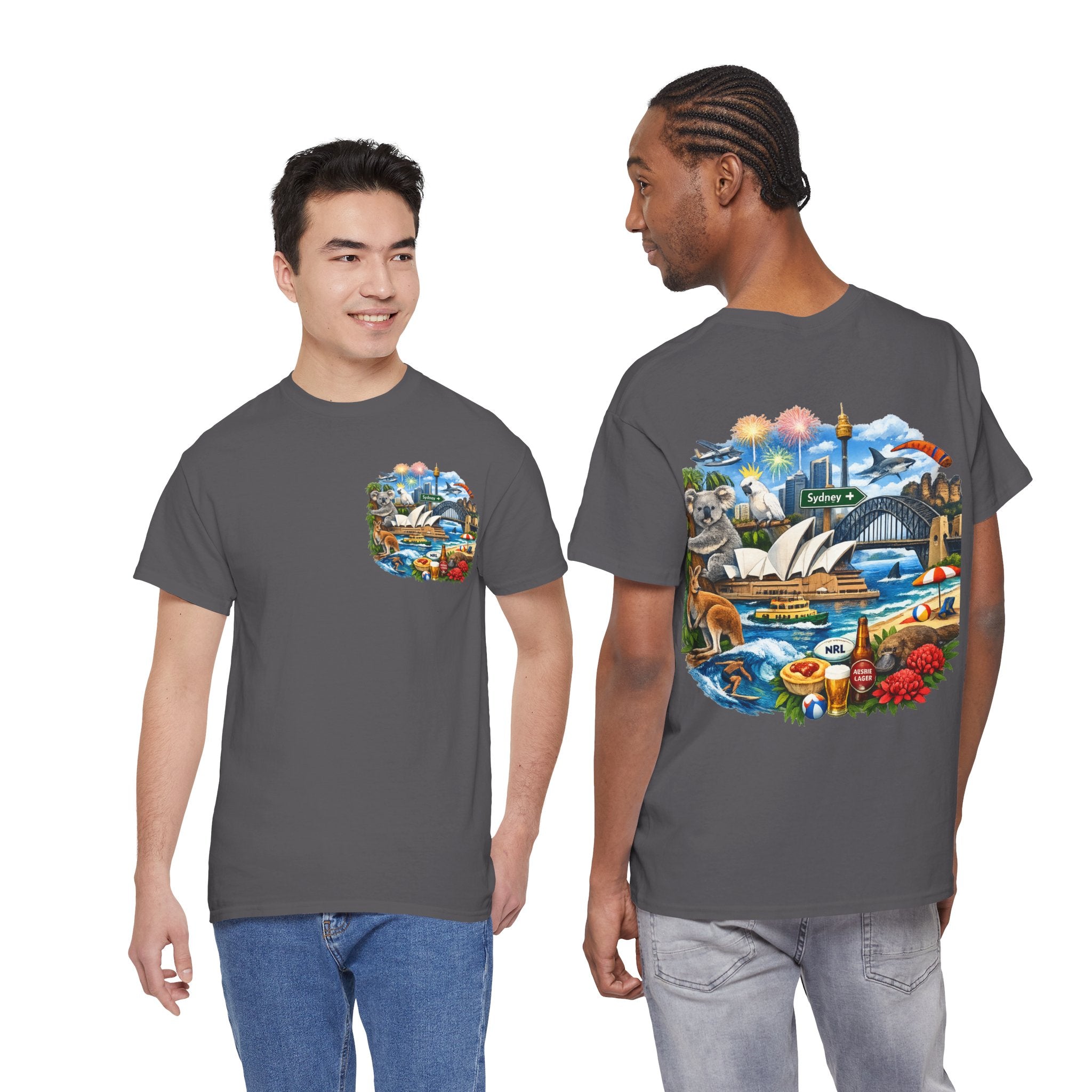 T-Shirt — Sydney Landmark Collage Tee (Opera House, Harbour Bridge, Koala & Beach Scene)