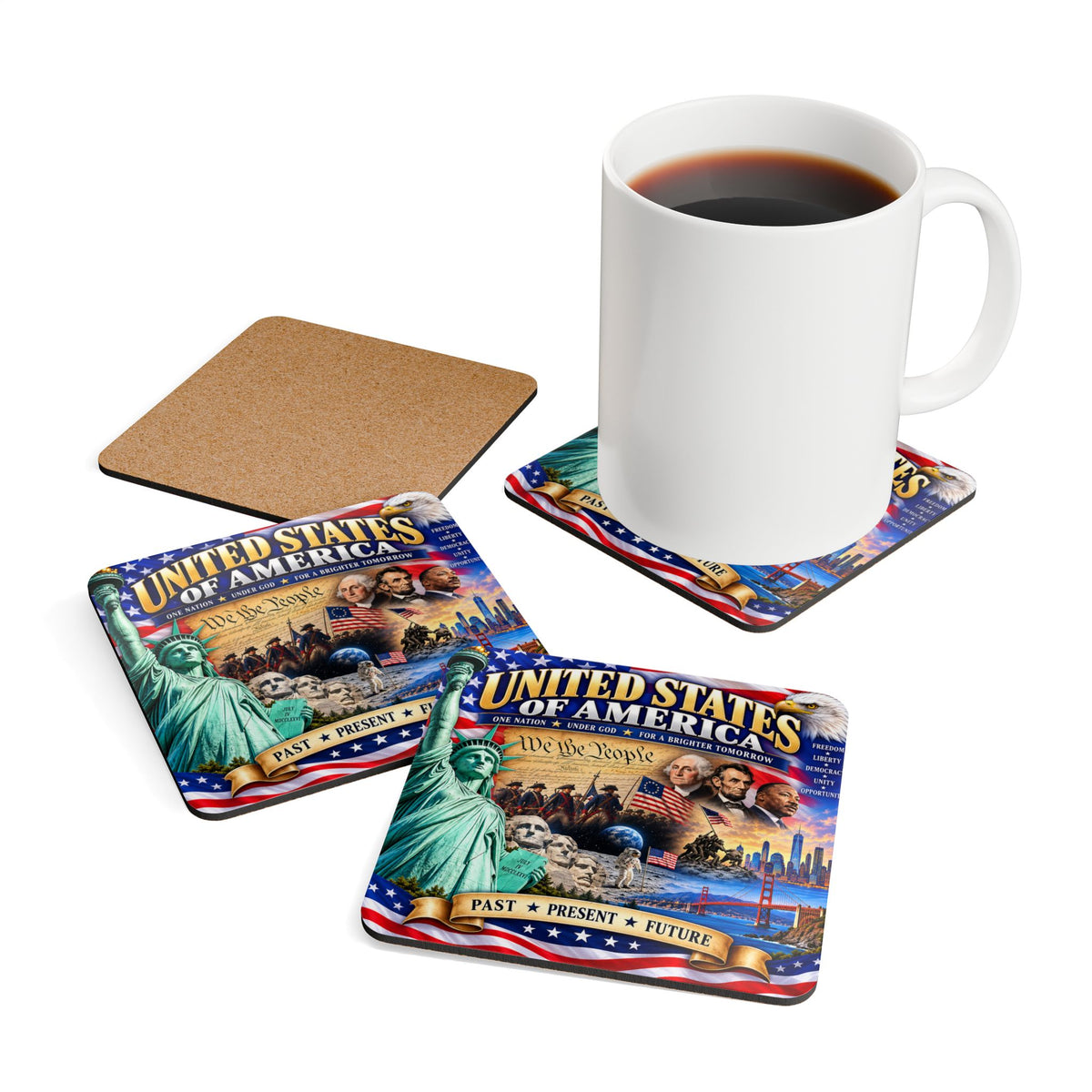 Patriotic USA Cork Coaster Set – United States Collage Design (Past • Present • Future)