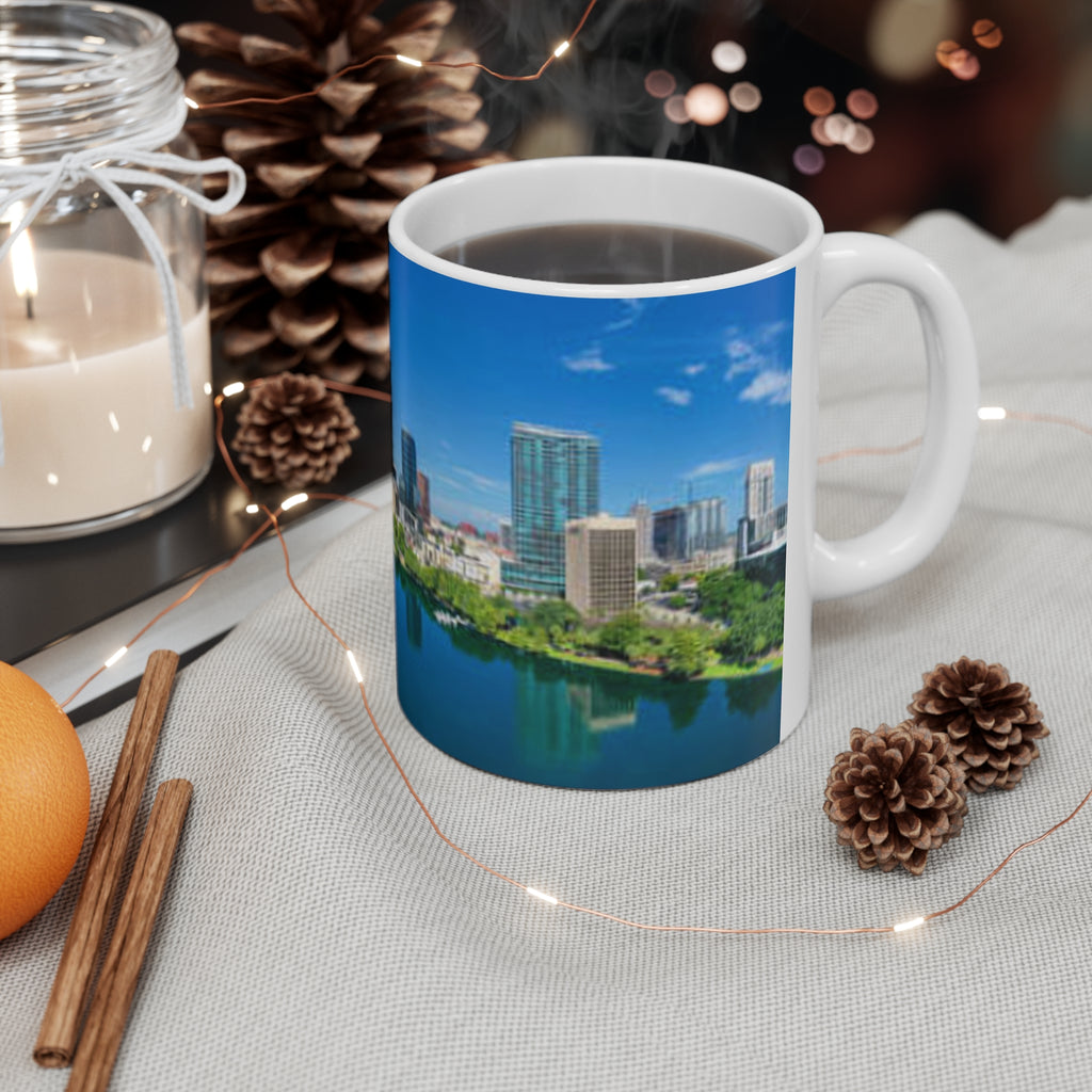 City Skyline Mug — Blue Lake Reflection Ceramic Coffee Cup (11oz & 15oz)