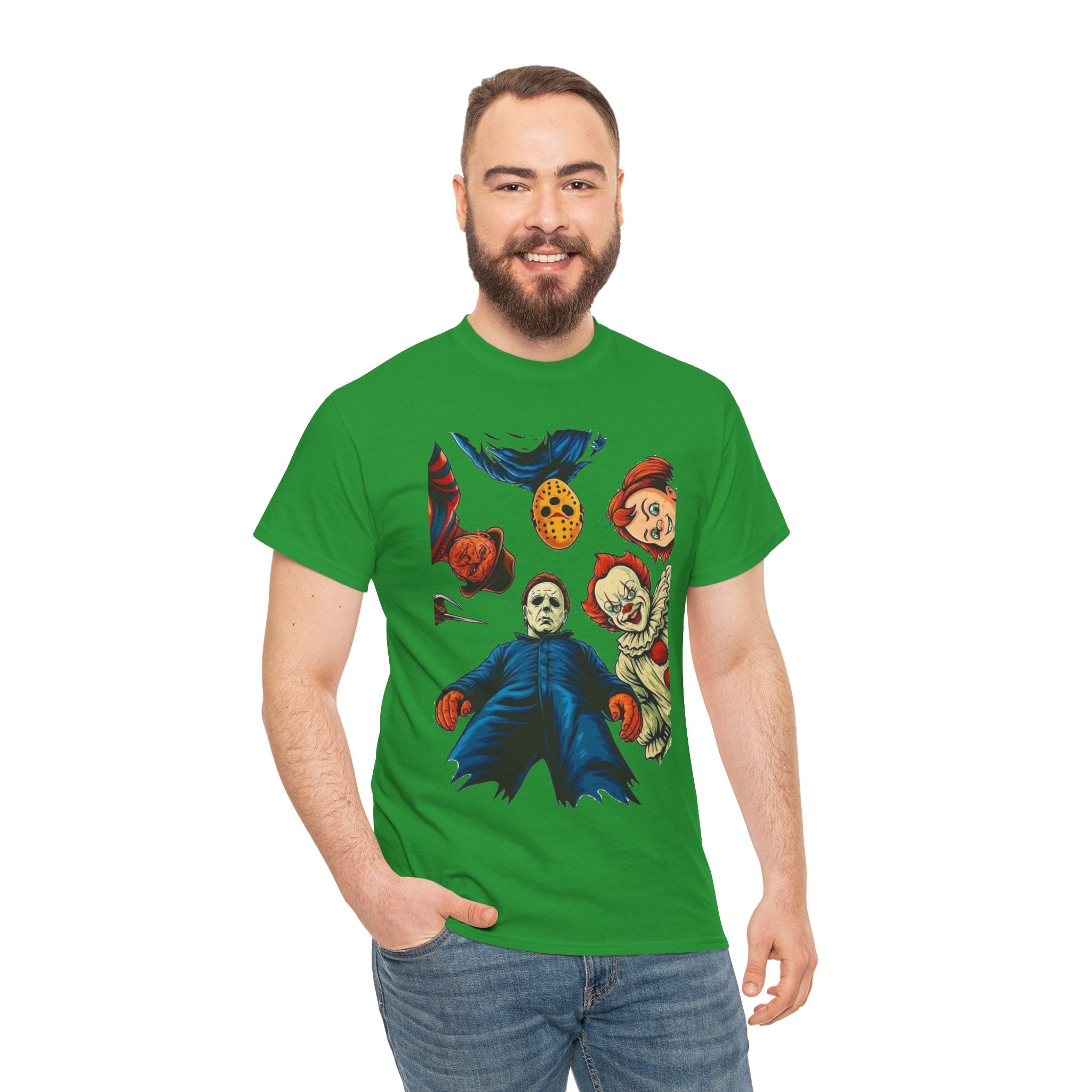 Horror Movie Icons Graphic Tee — Michael Myers, Jason & Classic Clowns Halloween T-Shirt