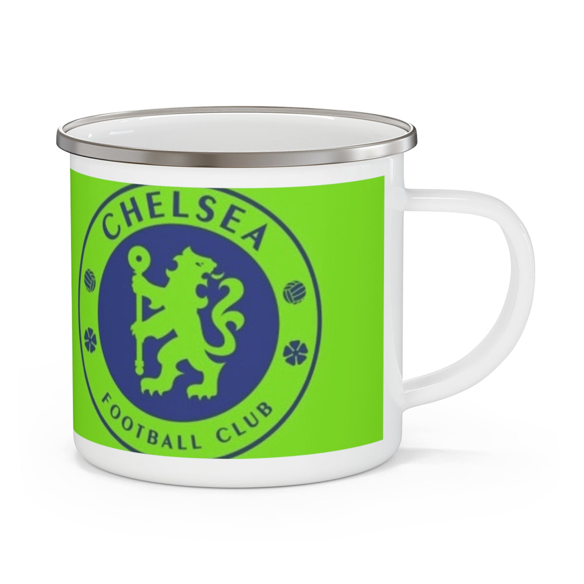 Chelsea Football Club Inspired Enamel Camping Mug — Neon Green Crest Camp Coffee Cup