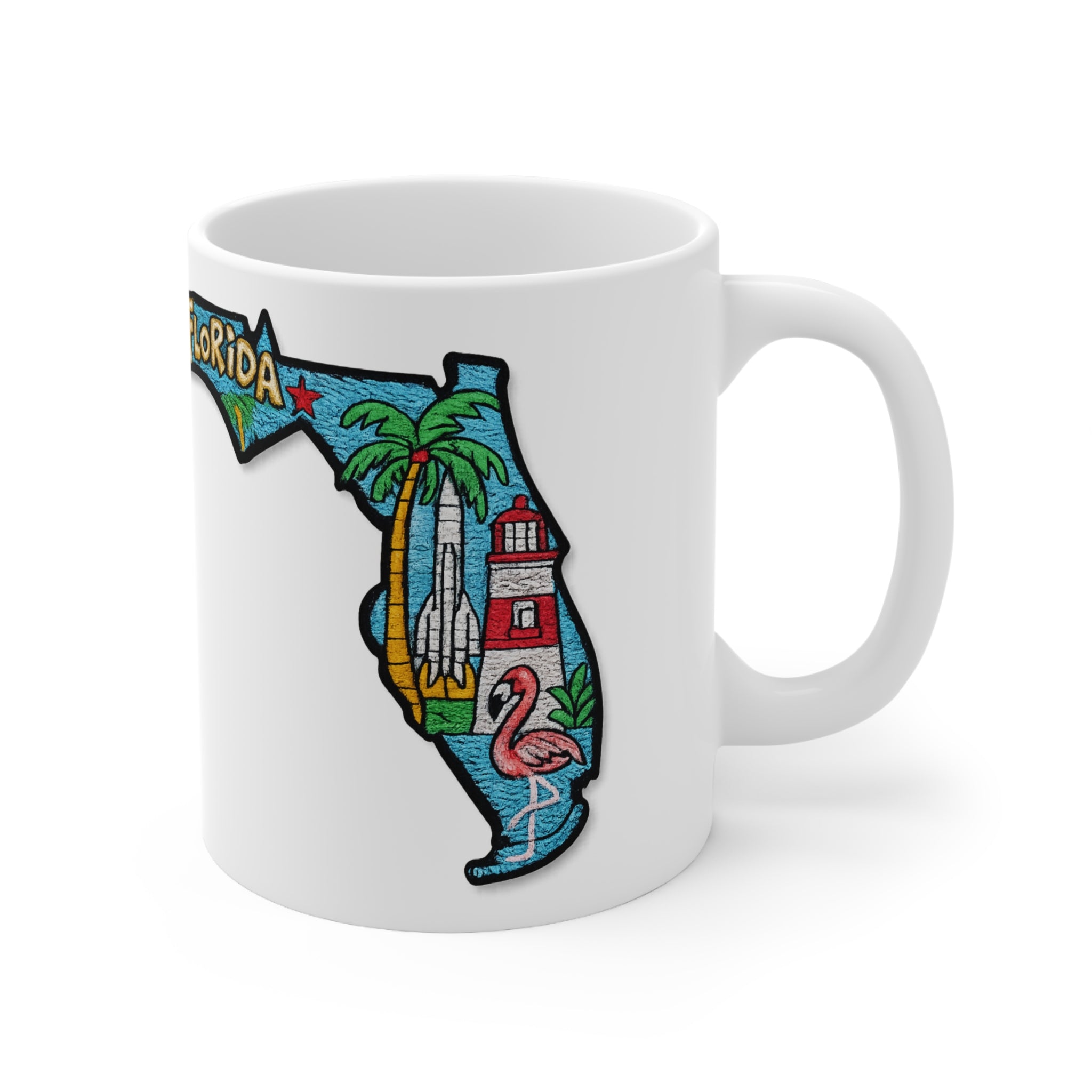 Florida State Map Coffee Mug – Retro Palm Trees, Lighthouse & Flamingo 11oz/15oz