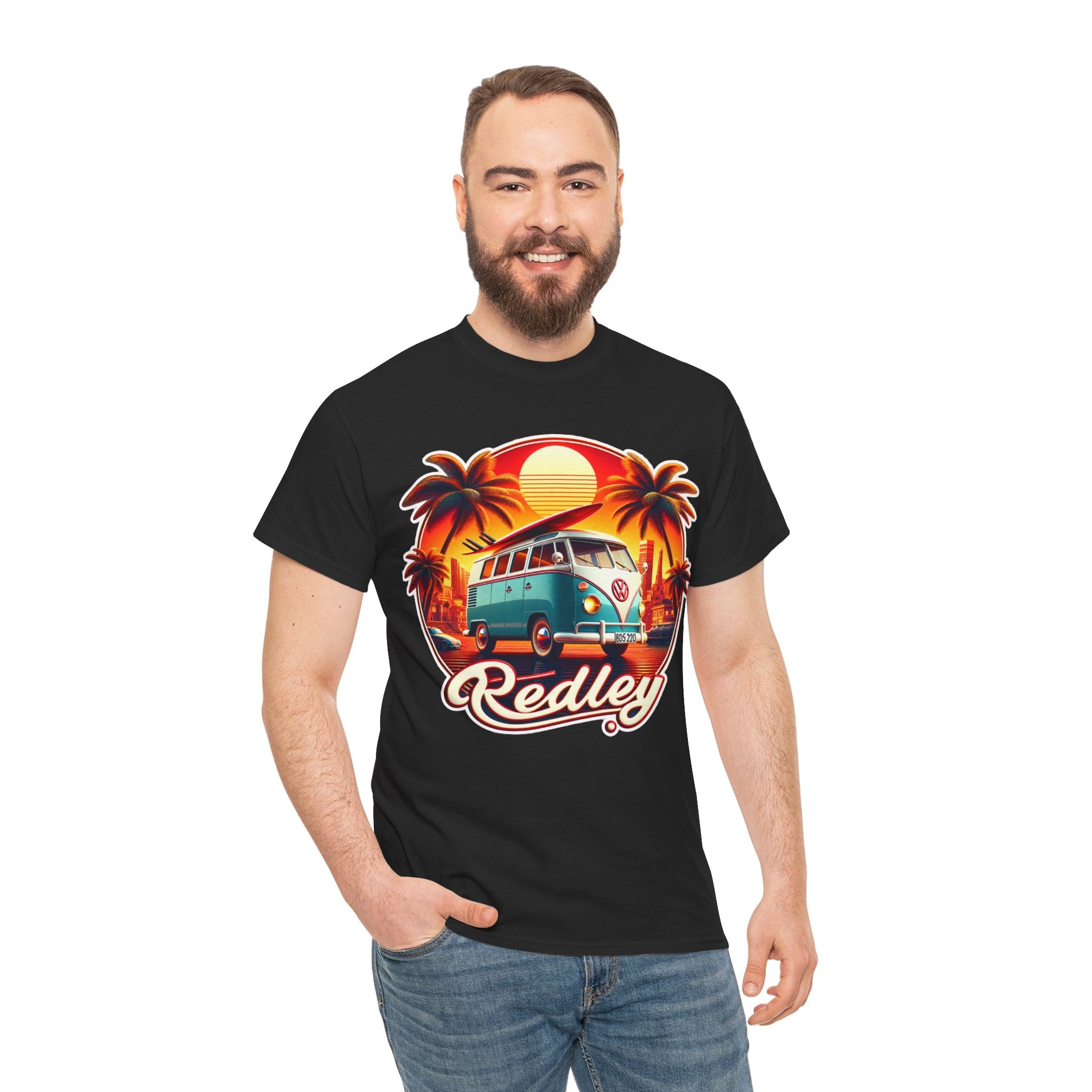 Vintage Surf Van T-Shirt – Retro Beach Sunset Tee with 'Redley' Script
