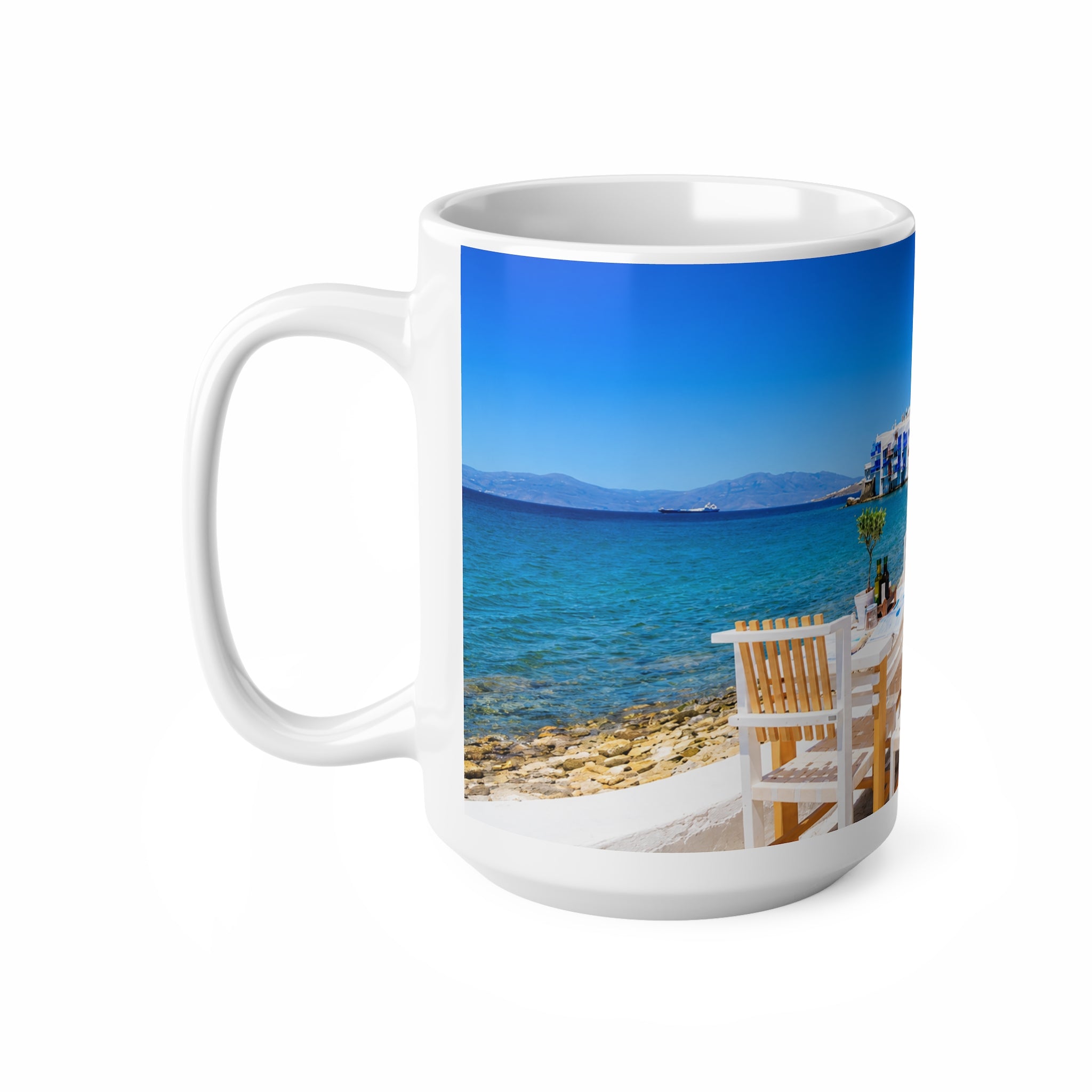 Mediterranean Seaside Photo Mug — Scenic Beach Cafe Ceramic Coffee Cup (11oz, 15oz)
