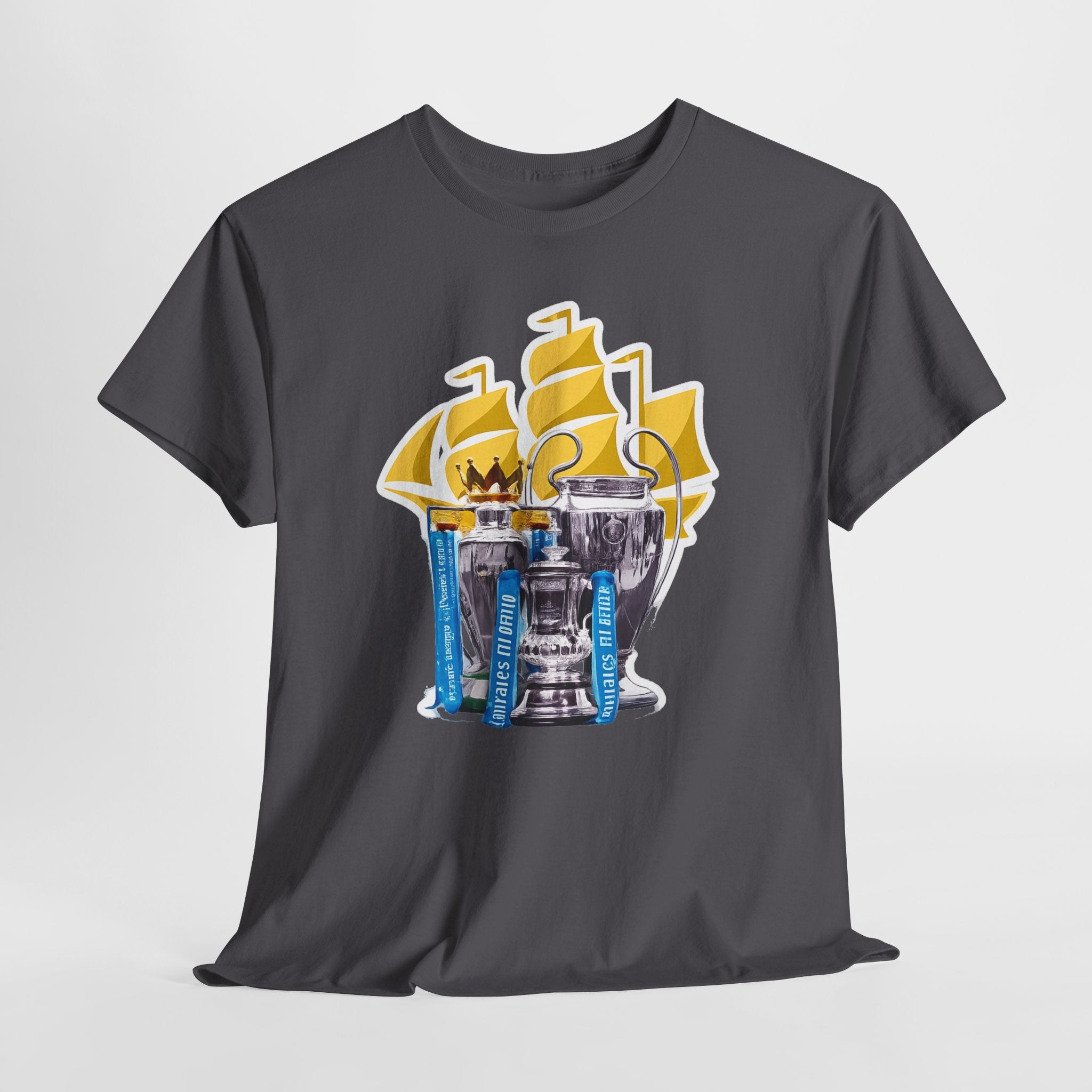 Manchester City Champions Trophy Tee – Golden Cups & Blue Scarves Football Fan Shirt