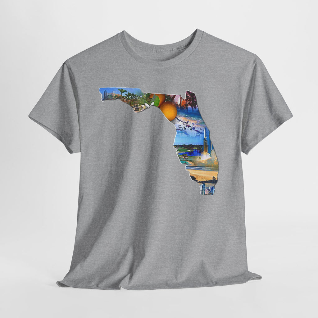 Florida State Shape T-Shirt — Scenic Beach & Sunset Map Tee